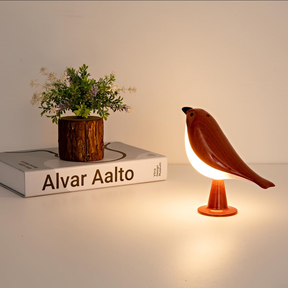 THOEWONG Remote Control Bird Desk Lamp, Rechargeable, 3 Color Temperatures, Mahogany Color, Model: bird05