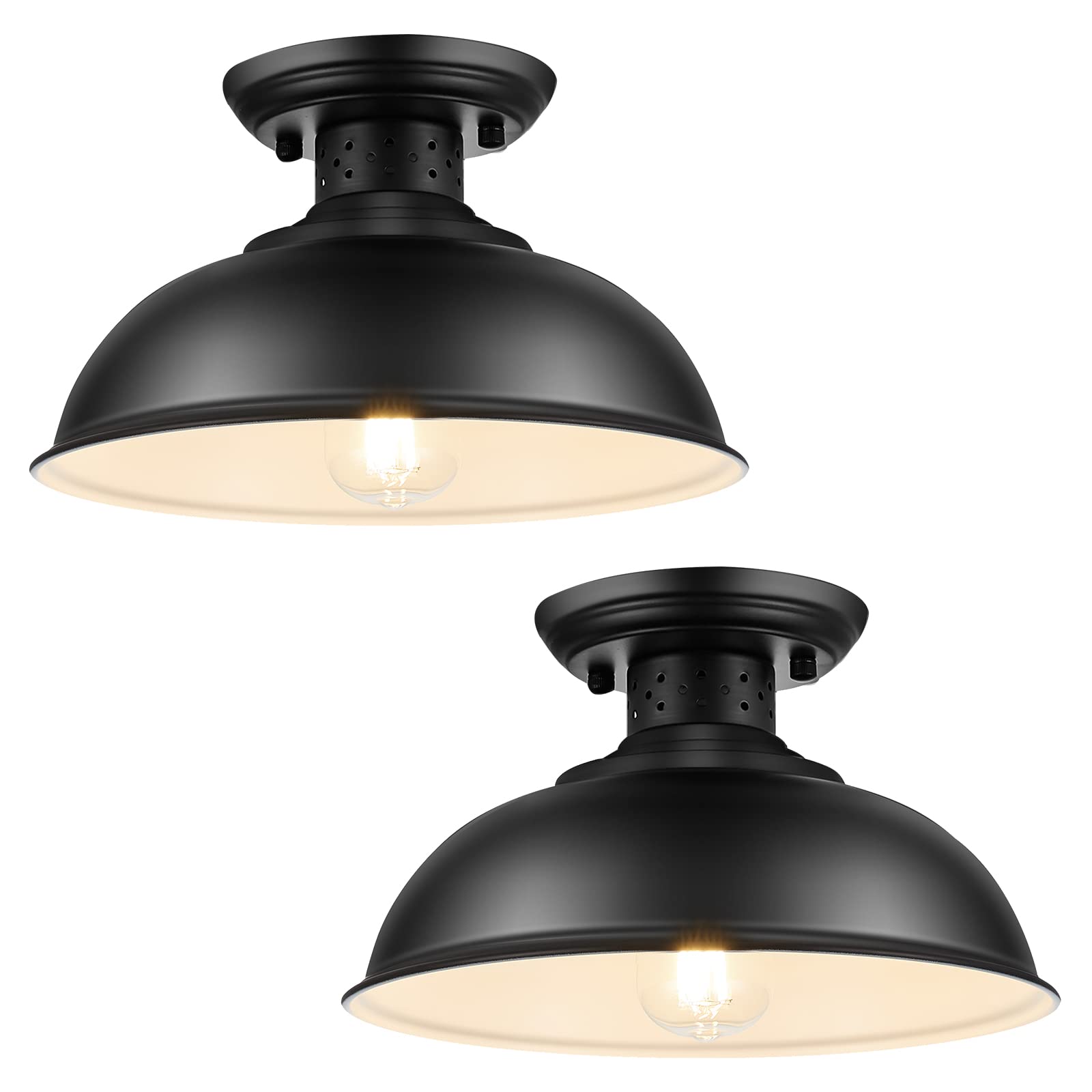LOEHINLE 2PCS Semi Flush Mount Ceiling Light, Industrial Close to Ceiling Lighting Fixtures, Rustic Vintage Metal Black Ceiling 