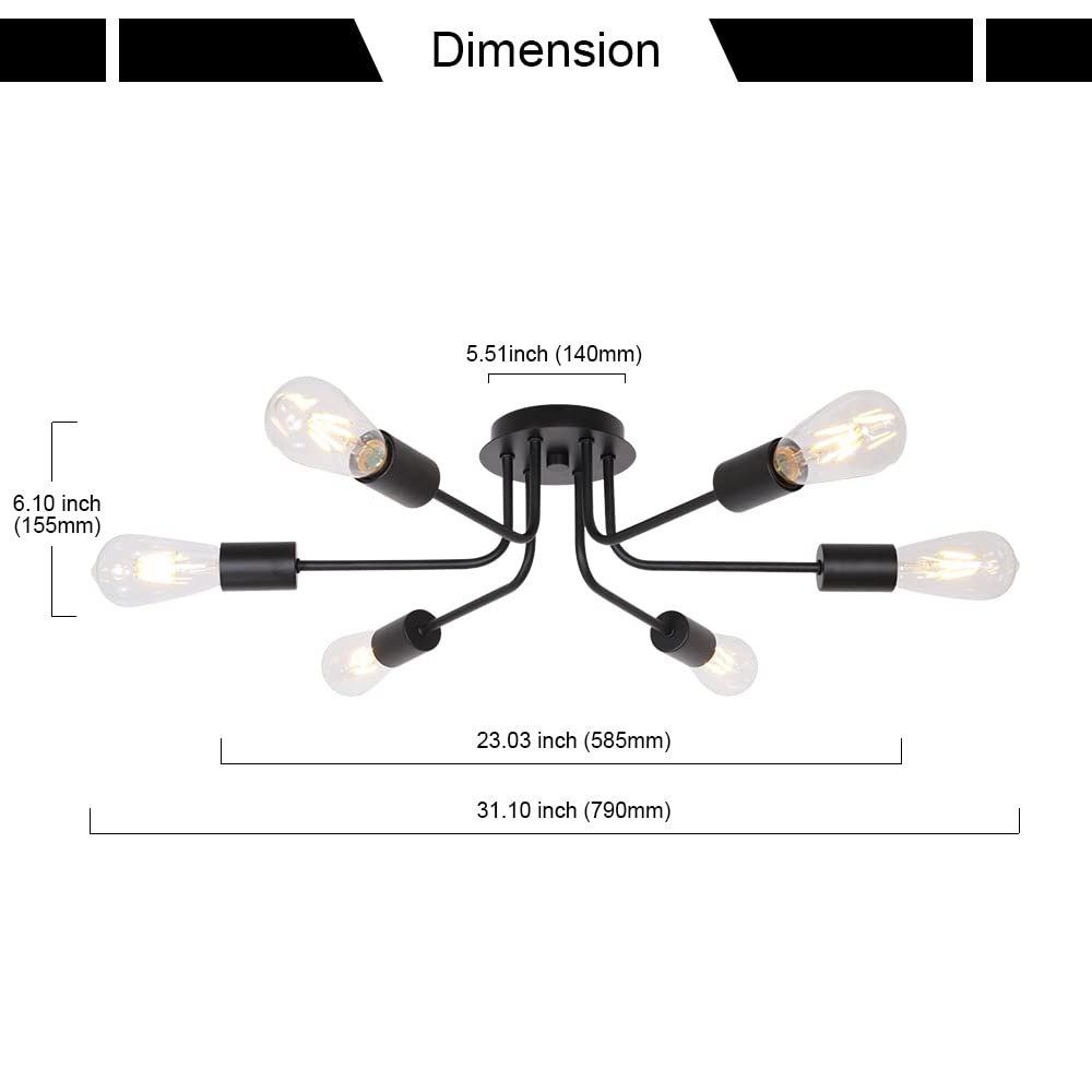 Tuluce Semi Flush Mount Ceiling Light Fixture 6-Light Modern Sputnik Chandelier Lighting Black Vintage Metal Ceiling Lamp E26 Li