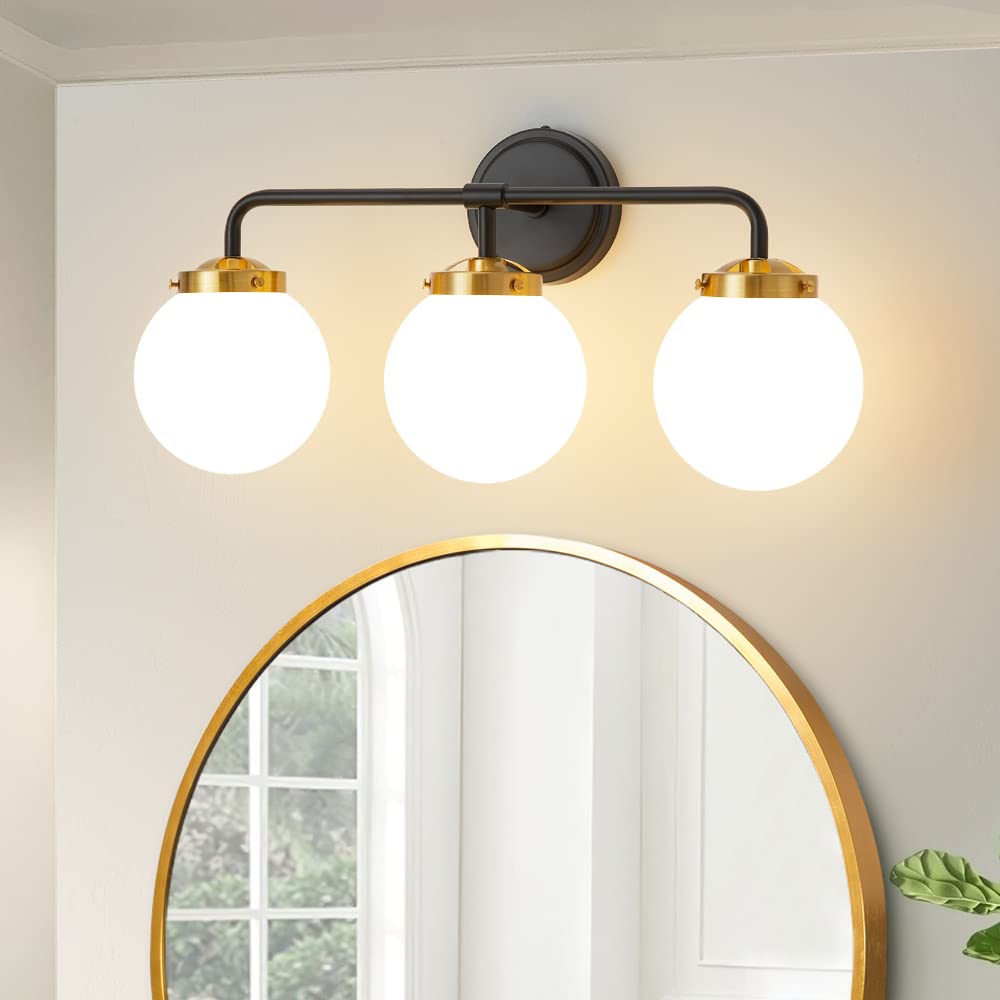 Deyidn Black Gold Bathroom Light Fixtures Above Mirror, Modern Vanity Lighting With White Glass Globe Shade 3-Light Farmhouse Wa