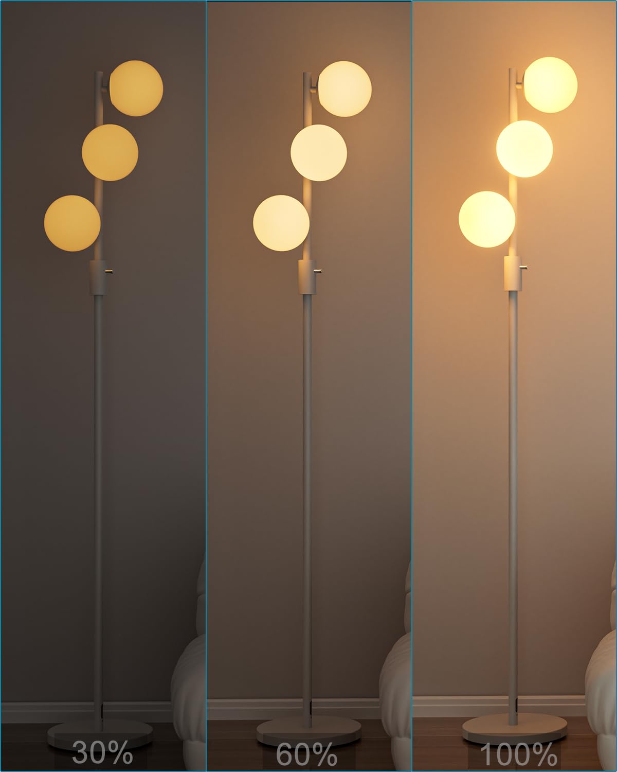 Acohook 64In Dimmable White Floor Lamp, Tall Standing Lamps With 3 Globe Soft Warm White Eye Care 3000K G9 Bulbs, Mid Century Mo