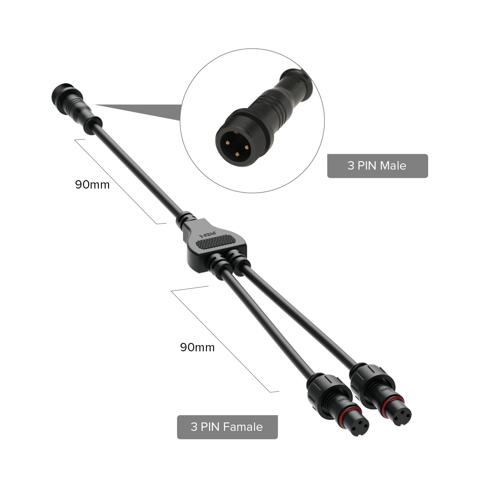 Btf-Lighting 3 Core 3 Pin Small Size Ip65 Y Shape 1 Male Divided 2 Female Splitter Connector Black Plastics 0.32Mm/22Awg 15Mm Nu