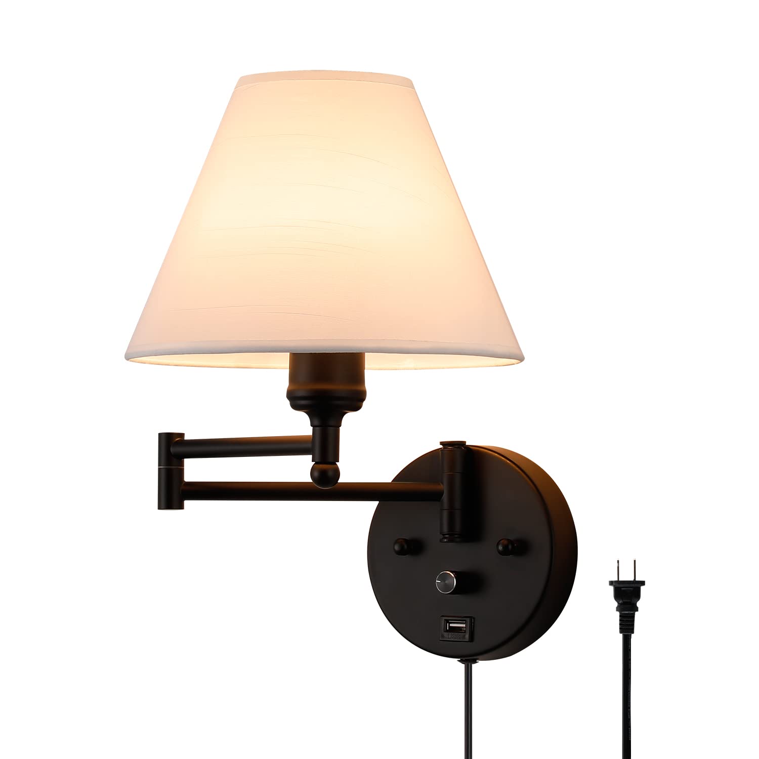 Swing Arm Wall Sconces, Plug-In Wall Lamp,Bedroom Wall Lamp , White Fabric Shade,,With Dimmable Switch And Usb Charging Port, Suitable For Bedside, Living Room, Reading (Black)