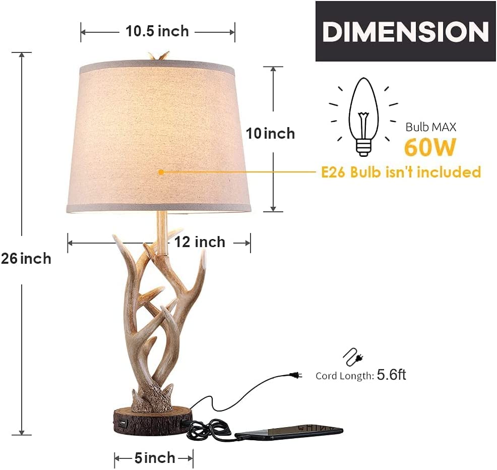 Dungoo Rustic Western Lamp Set of 2 - 26in Antler Design Table Lamp with USB Ports, Brown Resin for Bedroom, Living Room, Office
