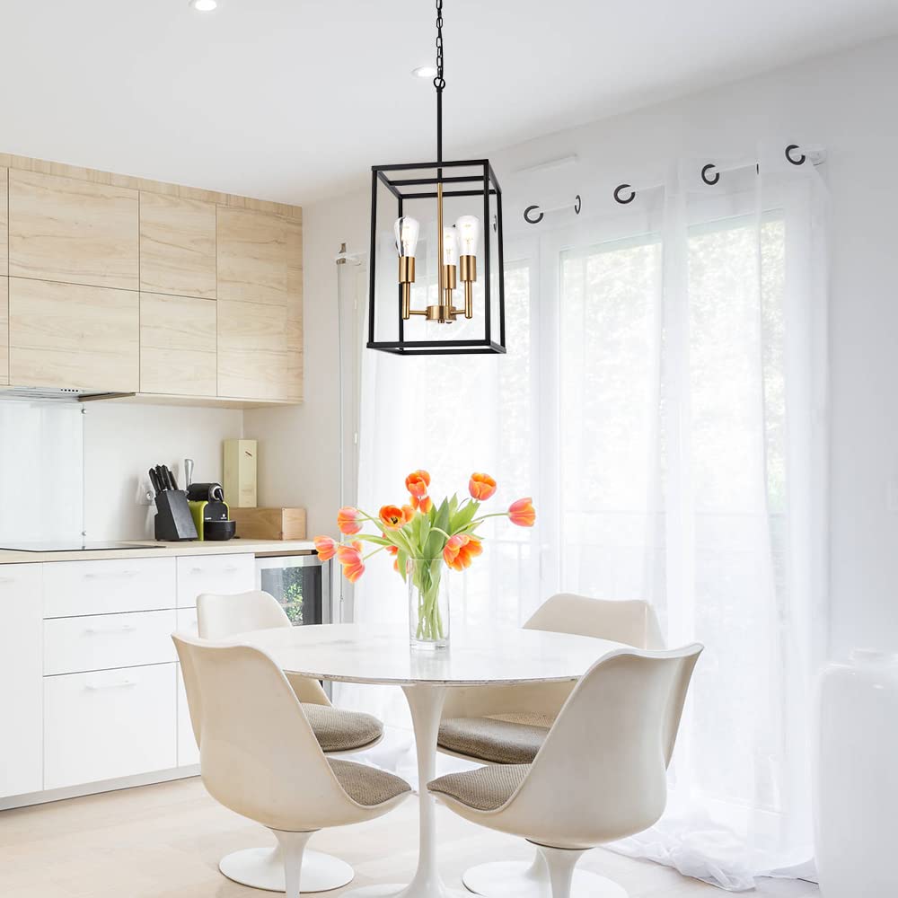 VINLUZ 3 Light Pendant Chandelier, Vintage Industrial Style, Metal, Black and Brushed Brass Finish, Ideal for Kitchen, Dining Room, Foyer