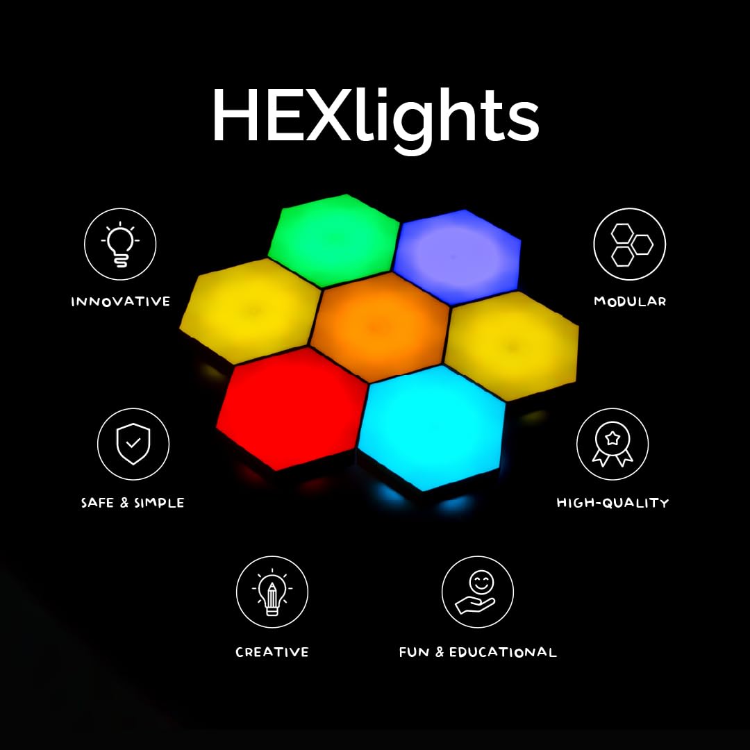 Emberela HEXlights Sensory Lights - 7pk Touch Hexagon Tiles, Remote Controlled, Autism-Friendly, Plastic, Kidz 7-pk