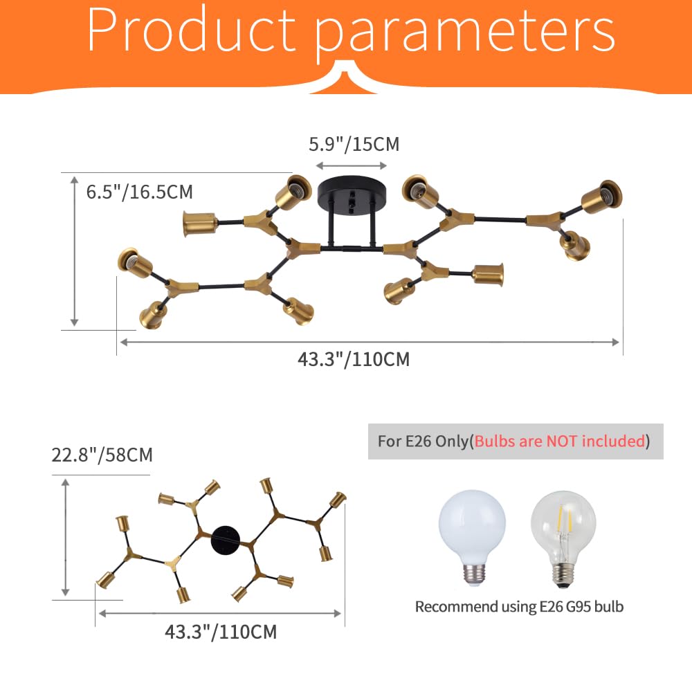 Quoobe Mid Centur Modern 10 Light Semi Flush Mount Ceiling Lighting Fixture For Dining Room Living Room Bedroom Aisle Kitchen Restaurant,Metal Gold And Black Sputnik Chandelier