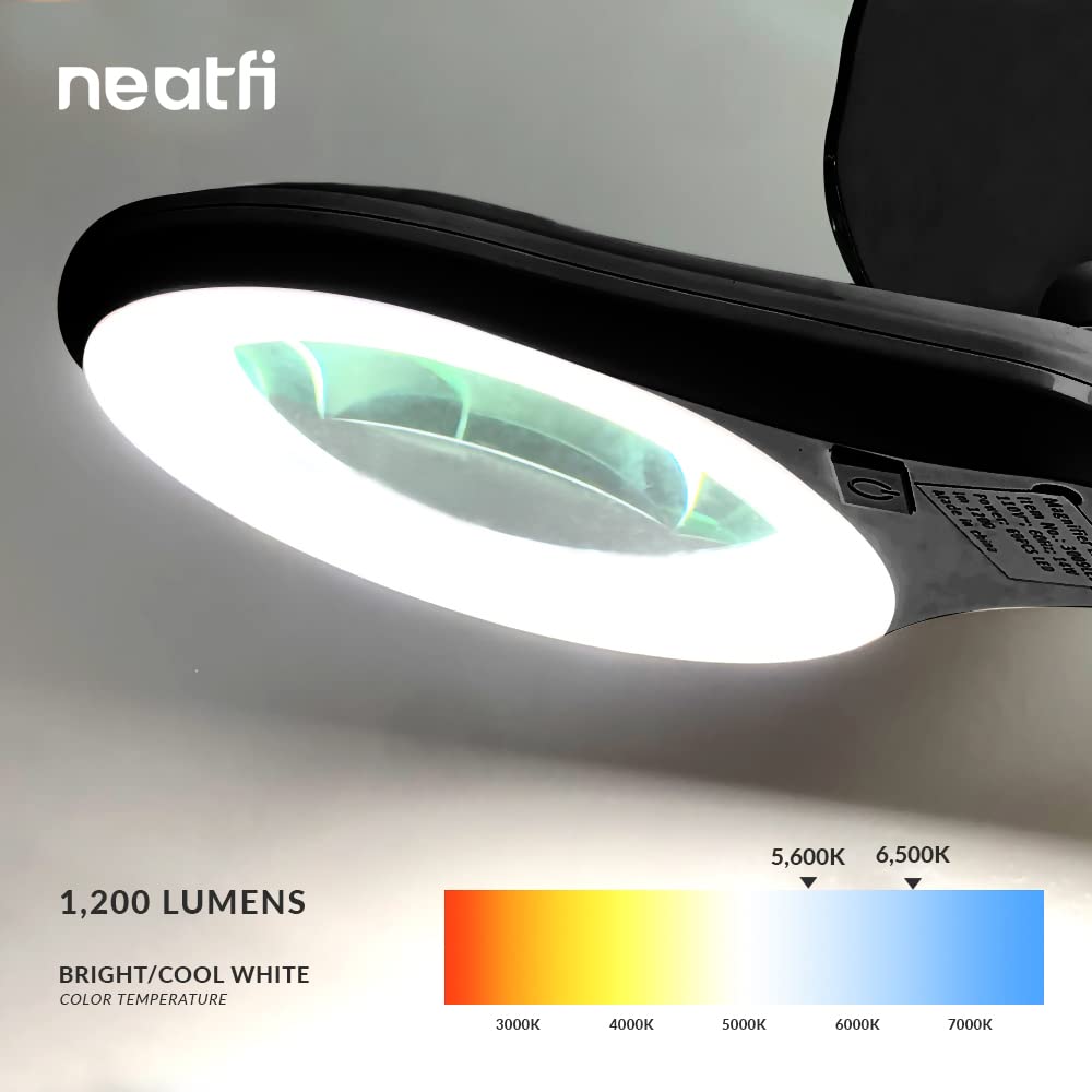 Neatfi LED Magnifying Lamp with Clamp, 1200 Lumens, Dimmable, 5in Lens, 8 Diopter, Iron, Black, Model 9003LED