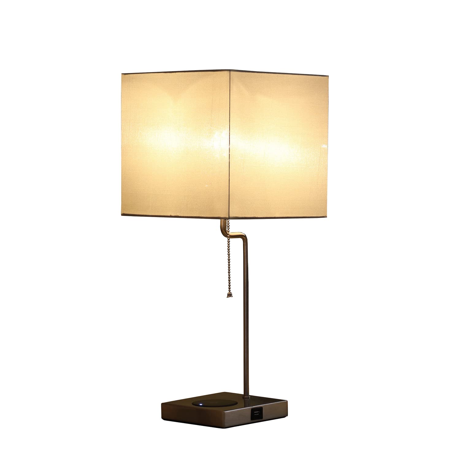 ORE 21.5-Inch Square Table Lamp with Charging Station - Silver Base, Blue Green Shade
