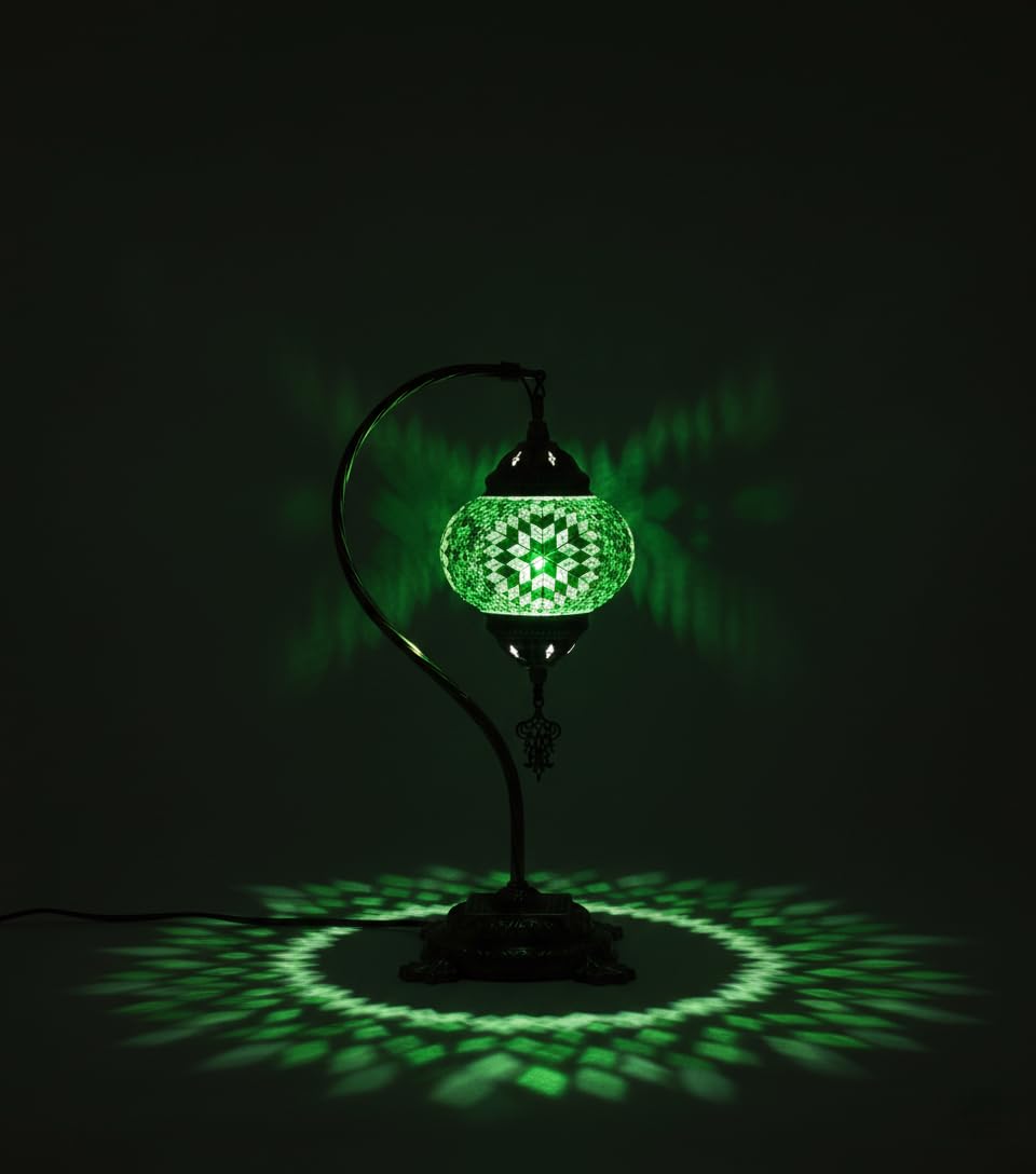 BYTURKISHLAMPS Mosaic Turkish Handcrafted Boho Table Green Lamp, Decorative Night Stand Light Authentic Stained Glass, Tradition