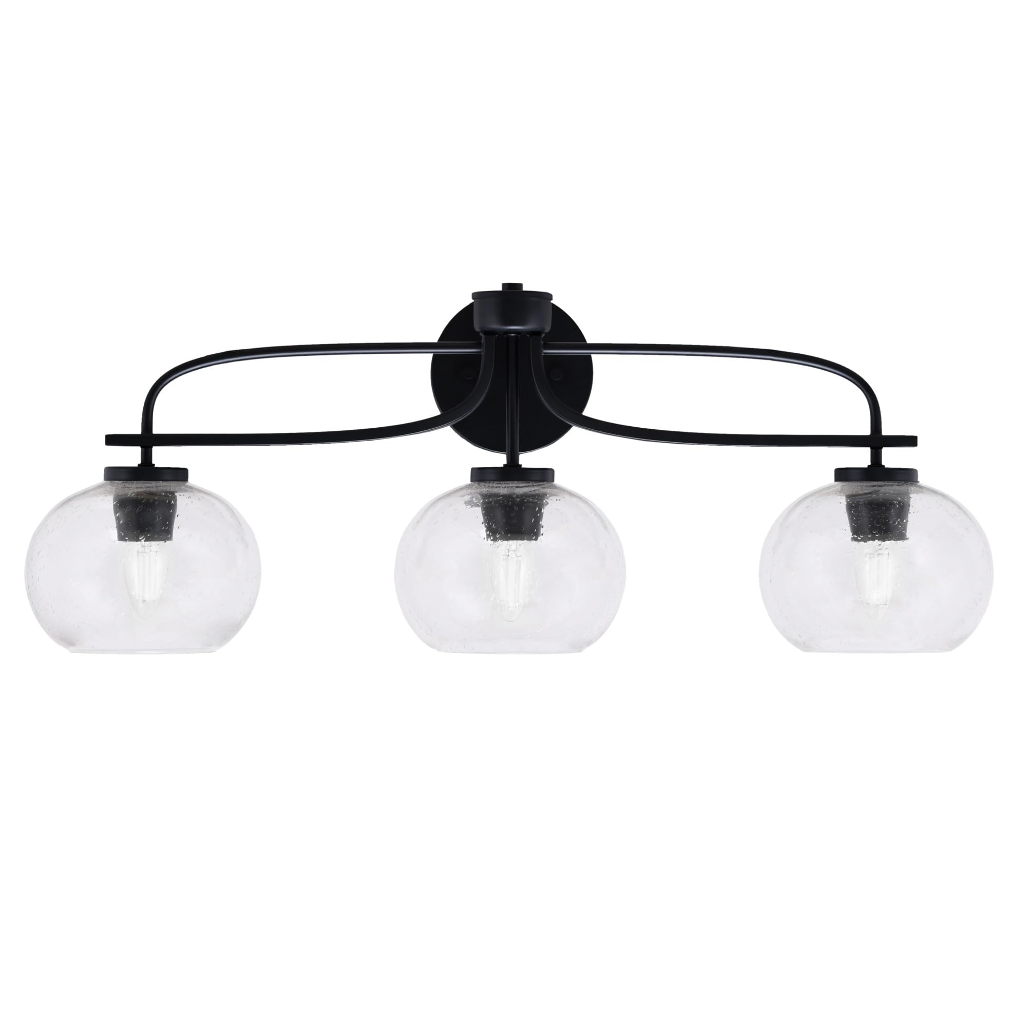 Cavella 3 Light Bath Bar Shown In Matte Black Finish With 7" Clear Bubble Glass