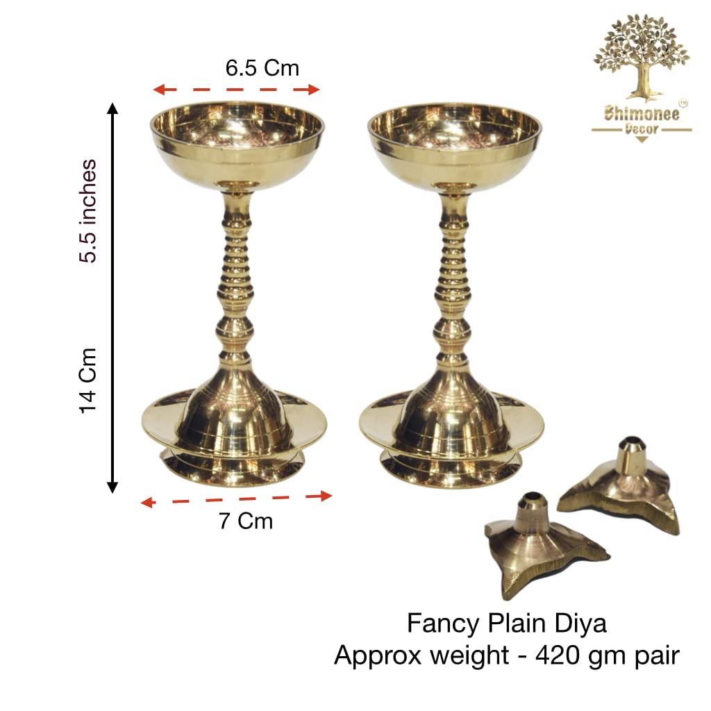 Bhimonee Decor Pure Brass Plain Nanda Bowl Long Table Diya, 5.5 inches big , brass, Pack of 2 pcs (with Lavanga - 2pc )