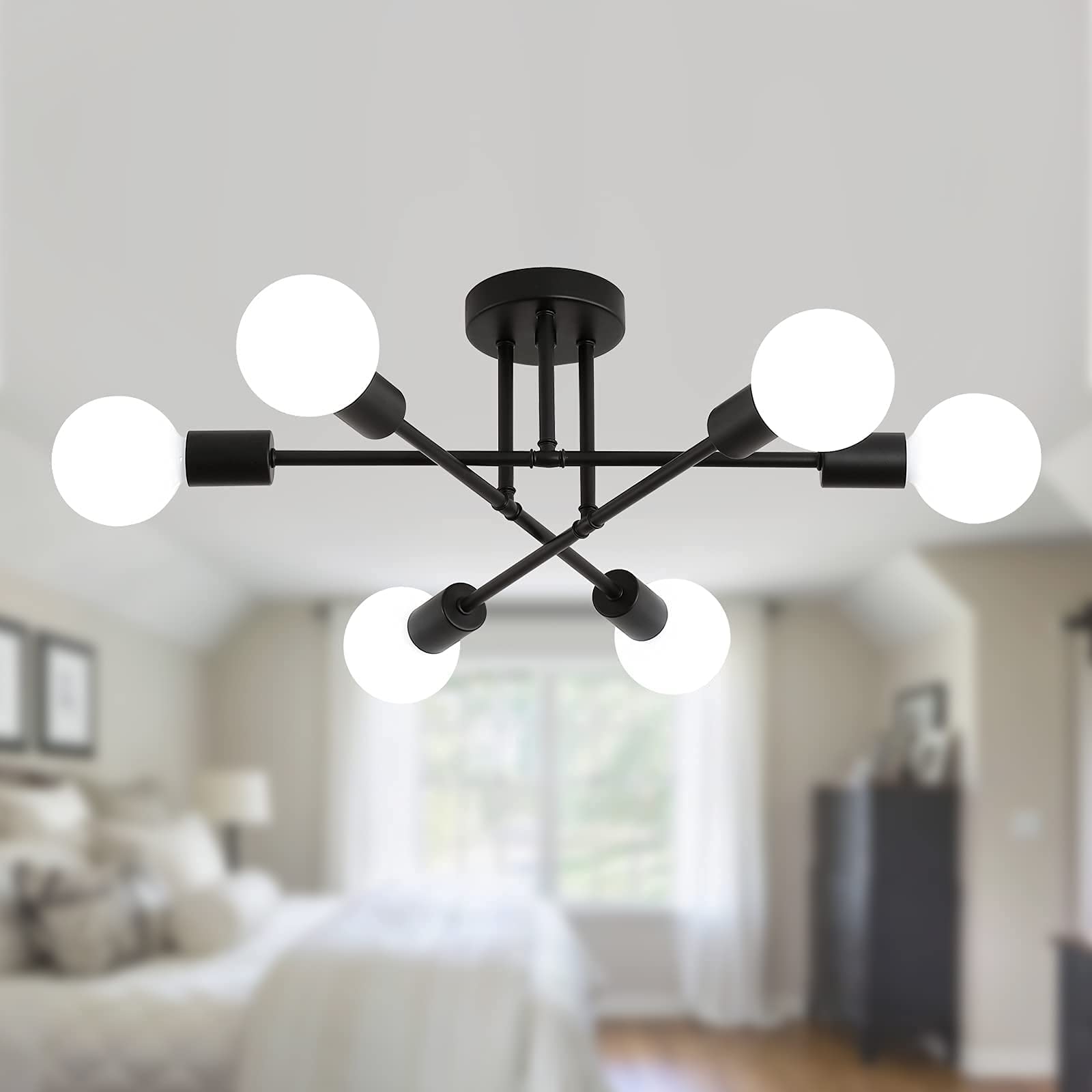 MEIXISUE Black Modern Sputnik Chandelier Ceiling Light Fixtures,6-Lights Industrial Metal Semi Flush Mount Ceiling Light for Bed