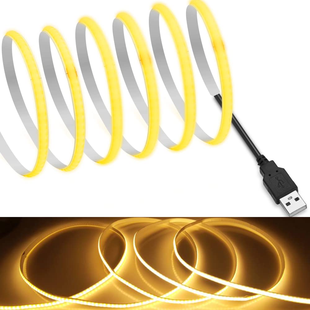 MDee?USB COB Tape Light LED Band 3.28ft/1m- Flexible 5mm Hidden DC 5V LED Tape with 320 LEDs/m for Warm (2700K) Lighting. Cuttable  Shapeable  USB Powered. Ideal for Kitchen  Office Decor