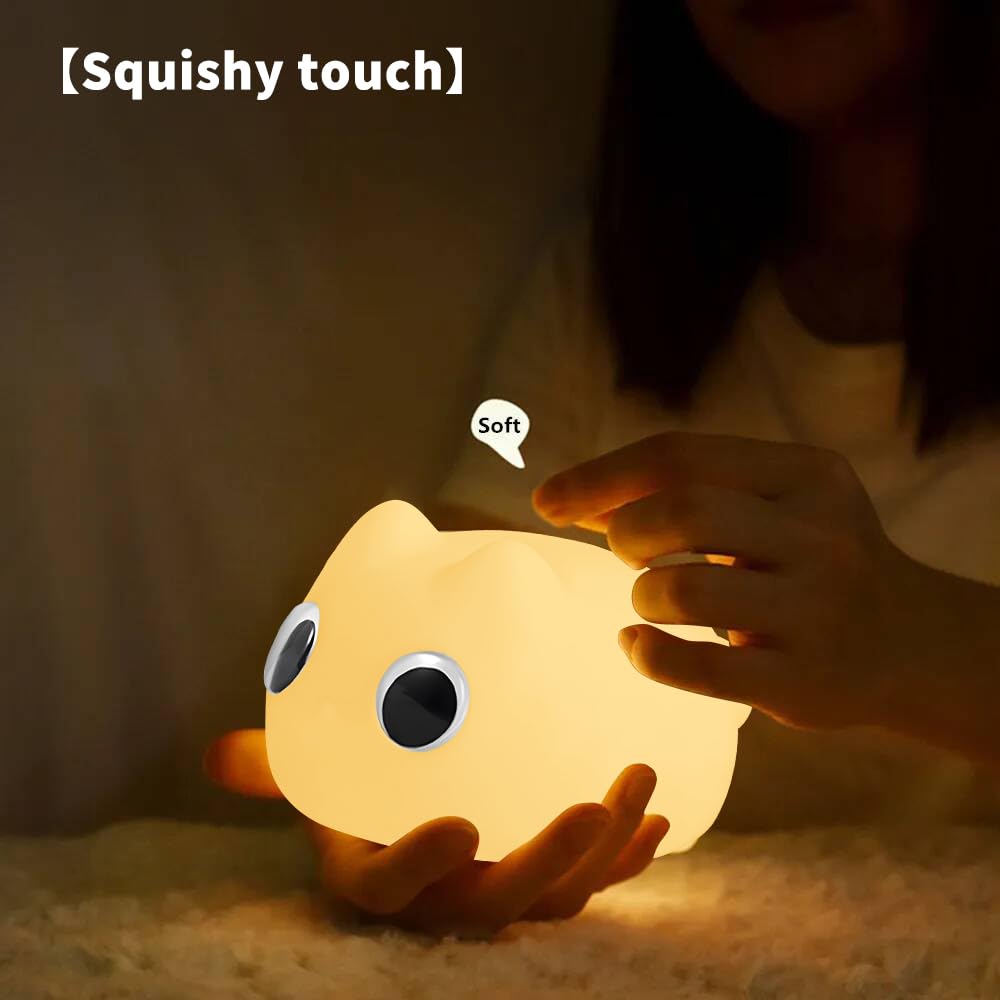ipalmay Night Light for Kids, USB Rechargeable Cat Bedside Lamp, Warm Light, Model PM82, Black Eyes