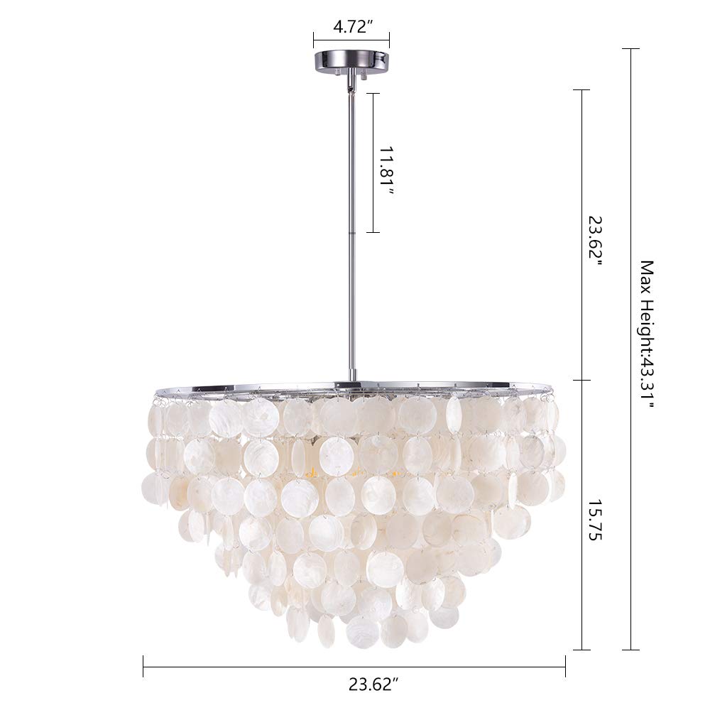 Wellmet Capiz Shell Chandelier, 6 Lights Coastal Pendant Lighting, 23.62” D, Blue, Model DS-SCP001-BlueGreen-US