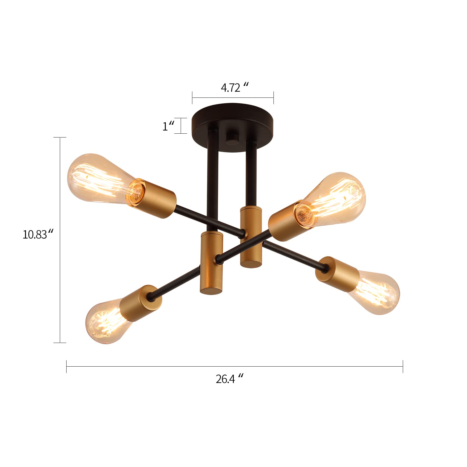 MEIXISUE Modern Sputnik Chandelier, 4-Lights Semi Flush Mount, Gold-4, Mid Century Industrial Ceiling Light for Bedroom, Kitchen, Office