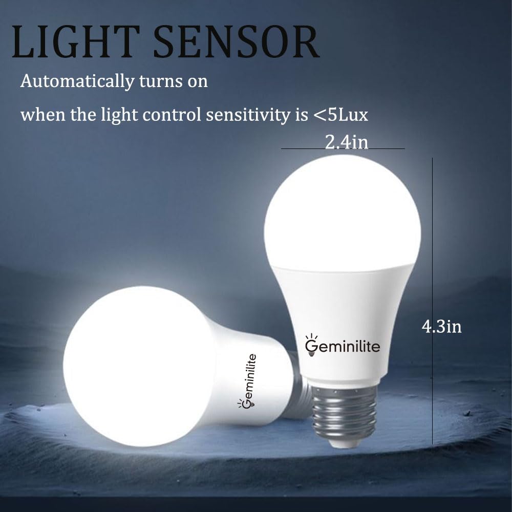 Geminilite Dusk To Dawn Led Light Bulbs Outdoor, E26 Base A19 Porch Light Bulbs Daylight Sensor Automatic On/Off Led Bulbs For S