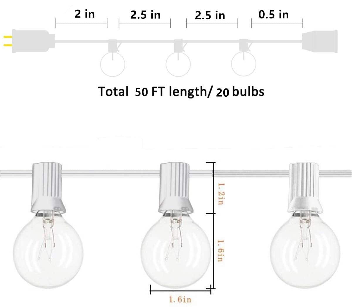Romasaty G40 Outdoor String Lights 50ft, 20 Edison Glass Bulbs, Waterproof, E12 Socket, White