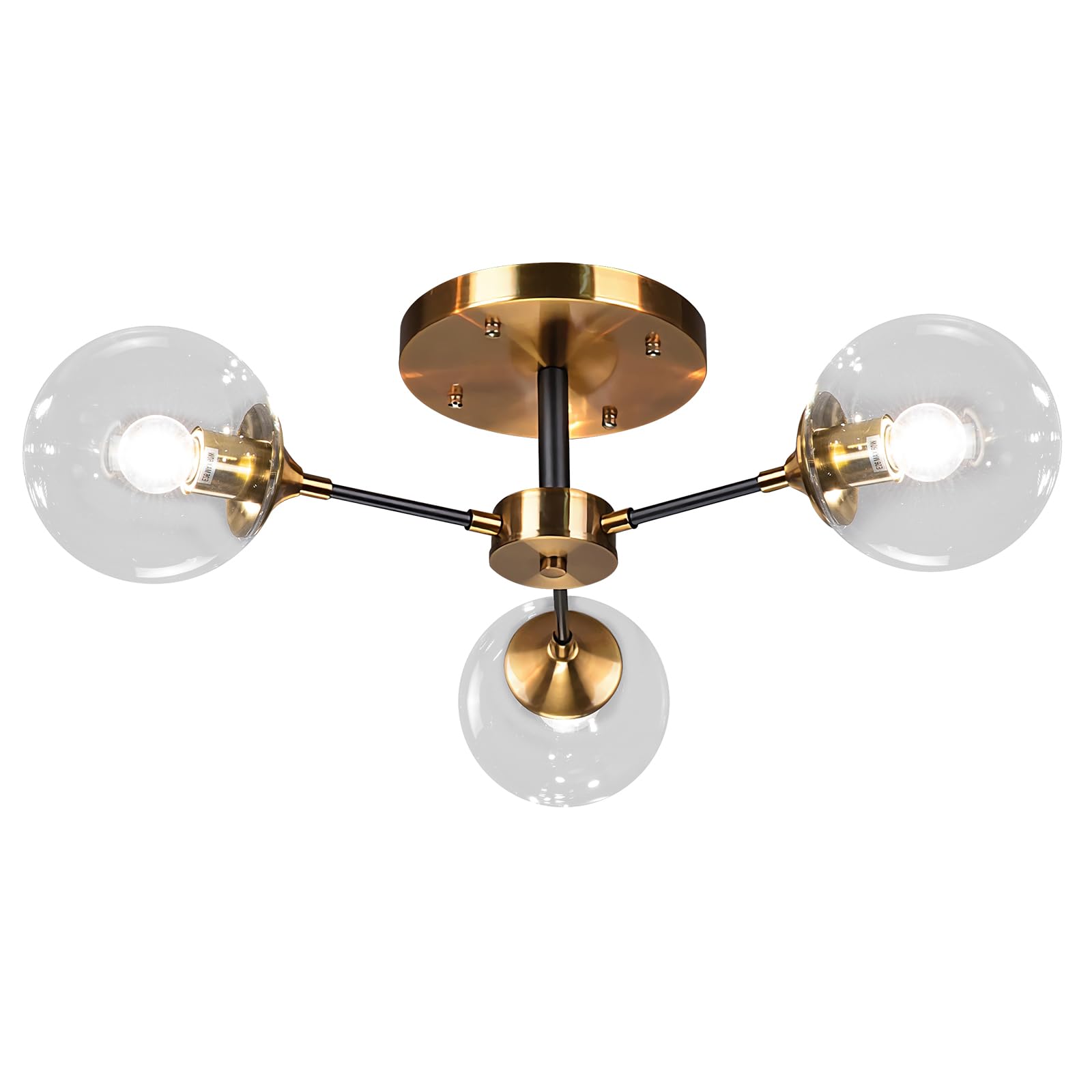 KCO Lighting Mid-Century Modern Semi Flush Mount Ceiling Light 3-Light Clear Glass Bubble Chandelier Black Gold Sputnik Close to