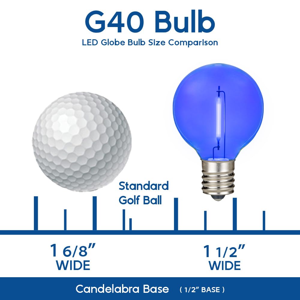 Novelty Lights 25 Pack Blue G40 Led Filament String Light Bulbs  E12/C7 Candelabra Base  5 Watt Equivalent  Shatterproof Replacement Bulbs For Patios  Canopy Lighting