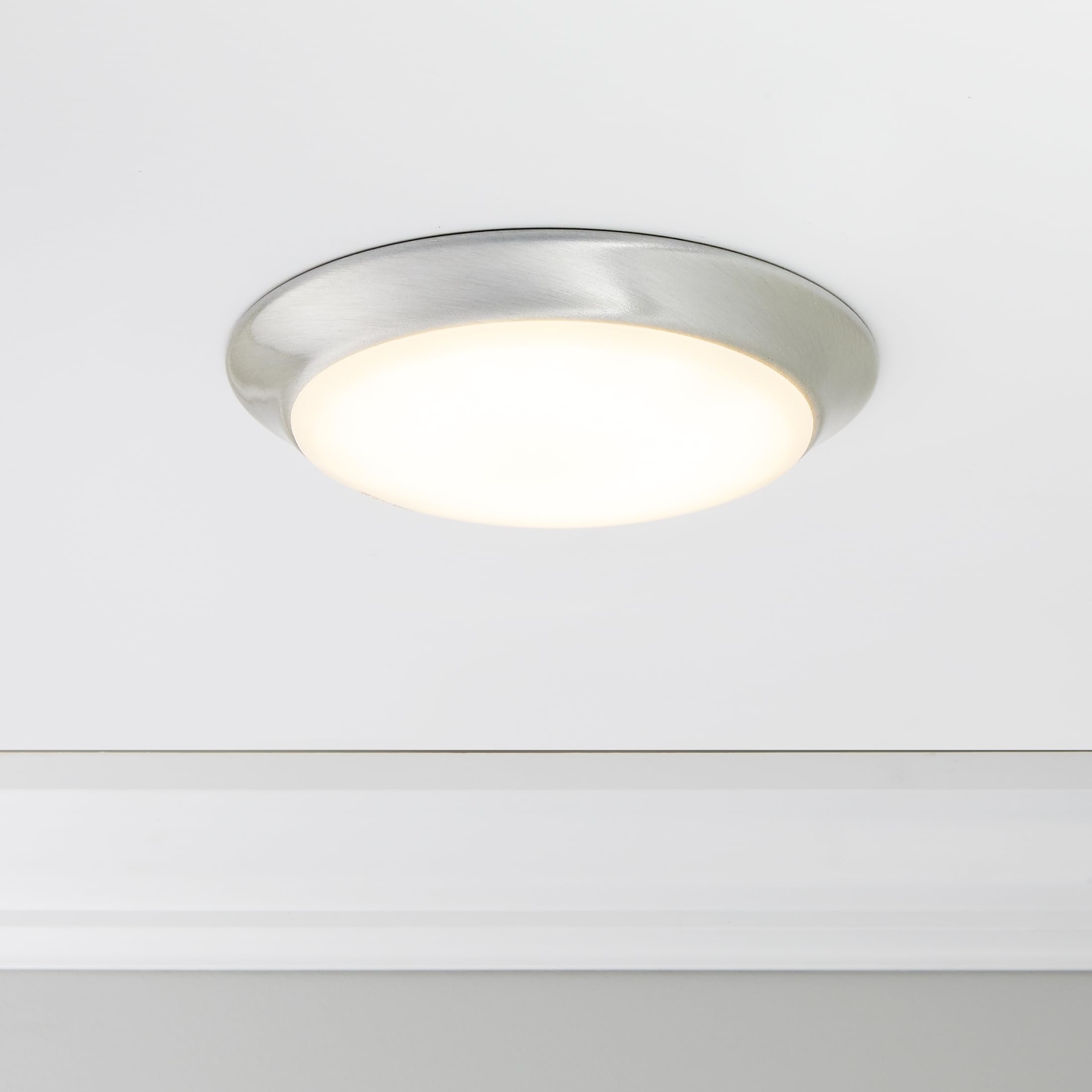 Maxxima 7 In. Satin Nickel Slim Round Led Flush Mount Ceiling Light Fixture, Led Disk Light 900 Lumens, Warm White 3000K Dimmabl