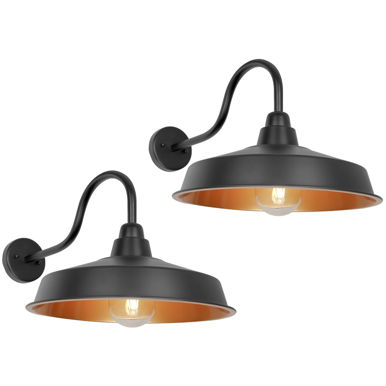 Diyel Gooseneck Barn Light Outdoor, 16 Inch Dome Large Farmhouse Exterior Light Fixture Wall Mount, Industrial Outdoor Wall Sconce Outside For House, Shop, Front Porch, Garage, Entryway, Gold, 2 Pack