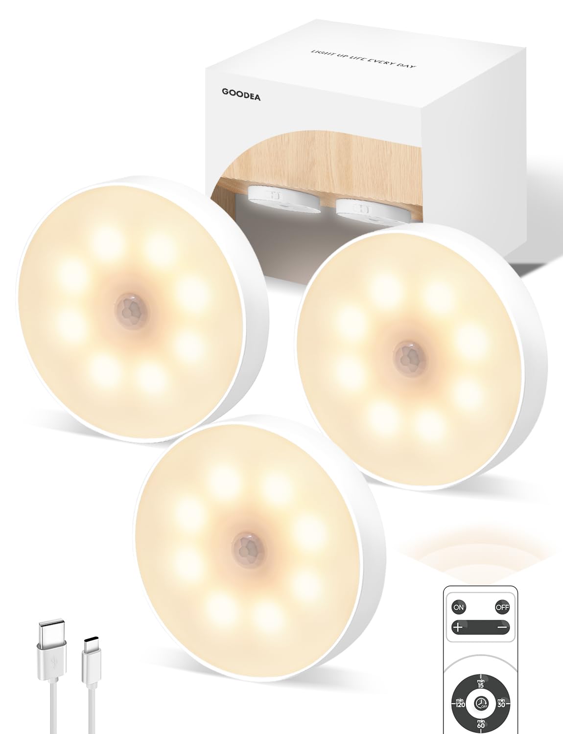 Goodea LED Under Cabinet Lights, Motion Sensor, Rechargeable, 3 Pack, Warm White, Model LED-23