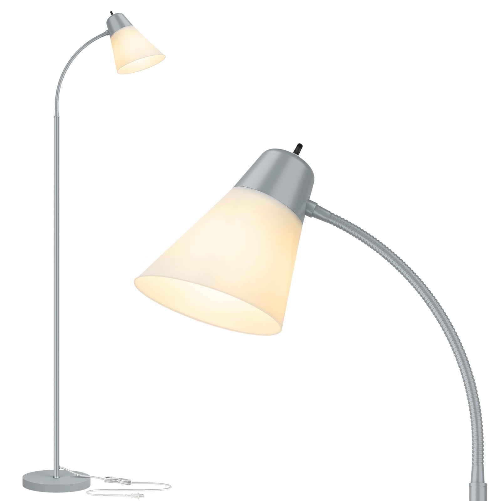Coucrek Floor Lamp for Living Room, Adjustable Gooseneck Standing Lamp with White Plastic Shade, Grey Reading Floor Lamps for Do
