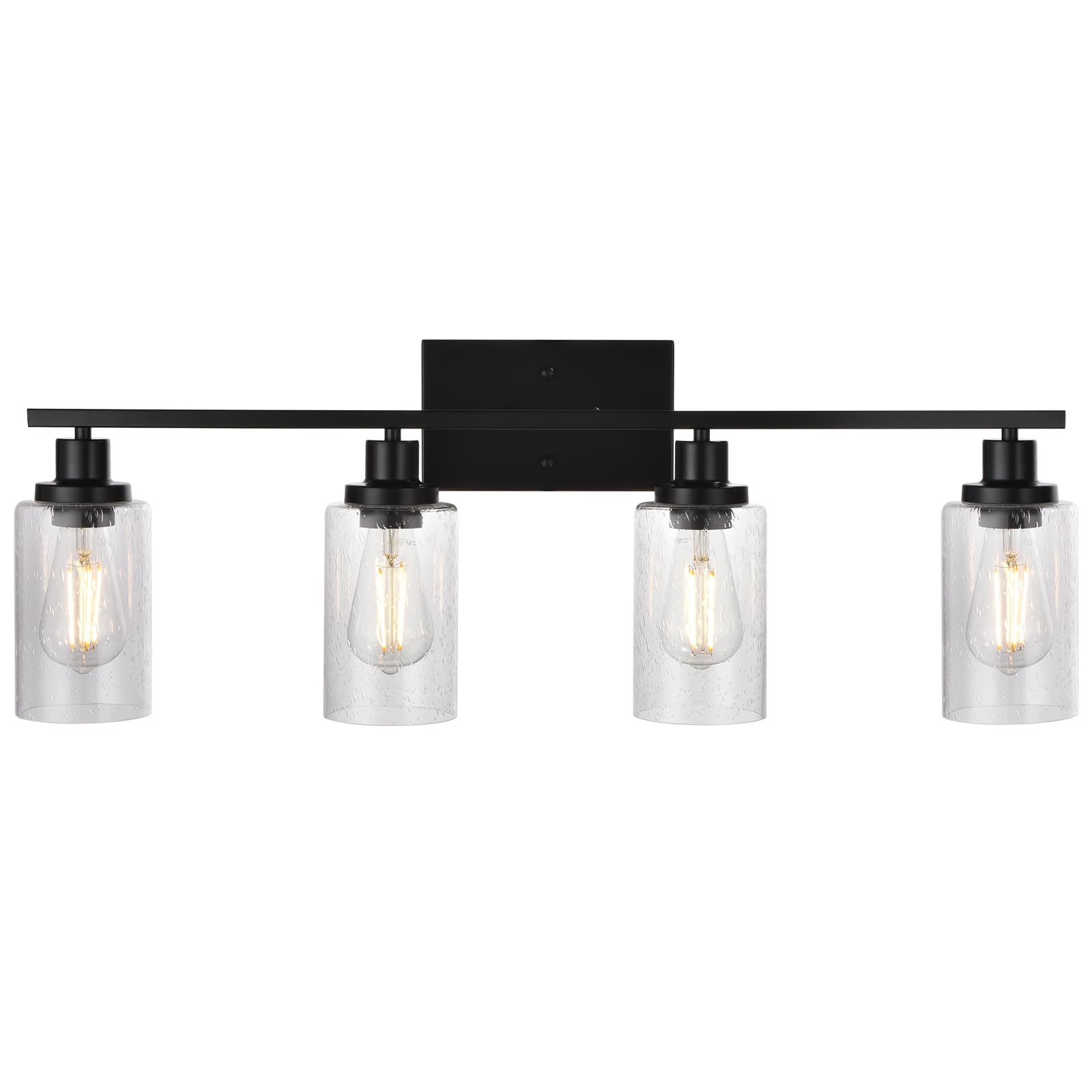 Winshen Black 4-Light Bathroom Light Fixtures With Seeded Glass Shade, 31-Inches Length Farmhouse Vanity Lights Over Mirror For