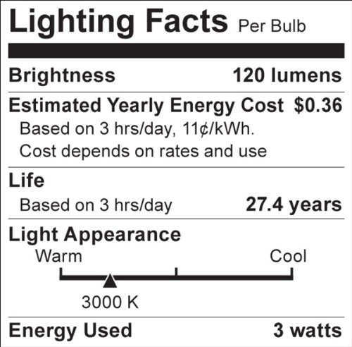 Satco S9004 3 Watt (20 Watt) 120 Lumens Elevator Led Warm White 3000K Light Bulb, Long Life
