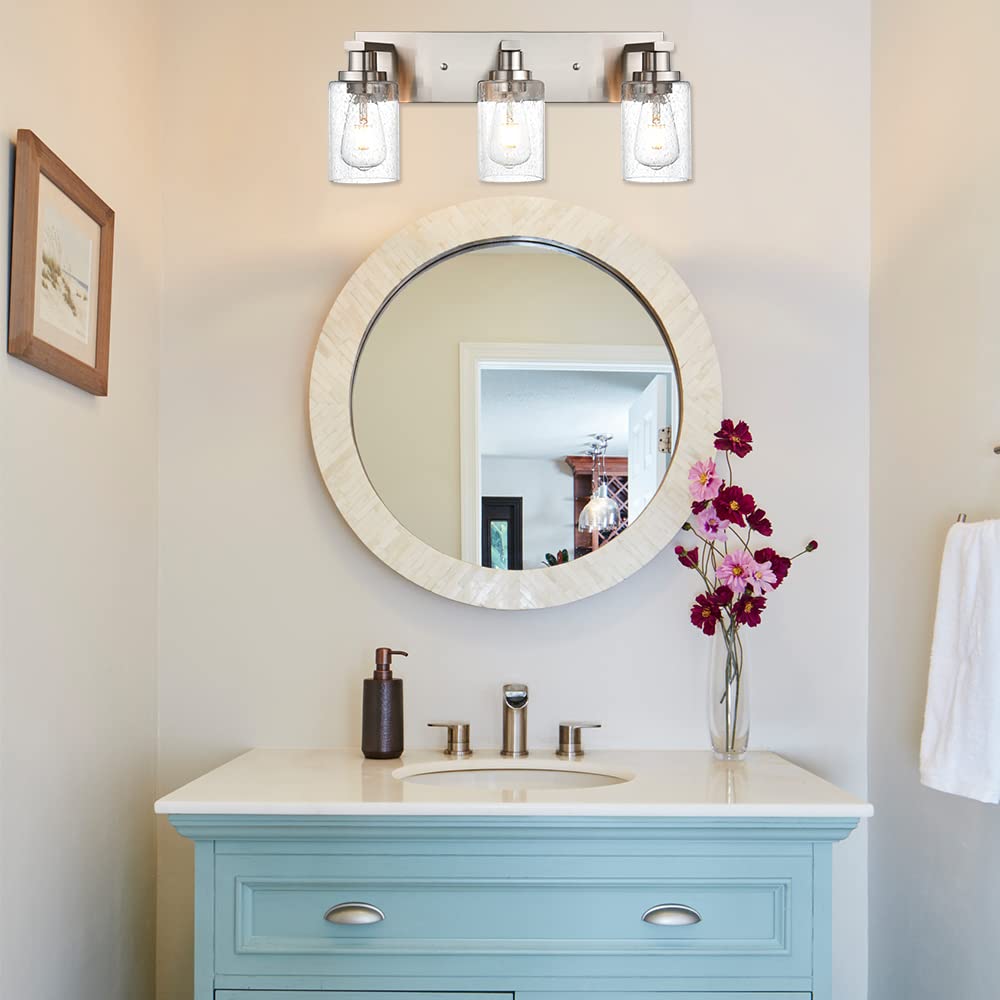 WINSHEN Bathroom Vanity Light, 3-Lights Metal Wall Fixture, Brushed Nickel, 23.6-Inches, Model SG-501-3L-SN, Seeded Glass Shades