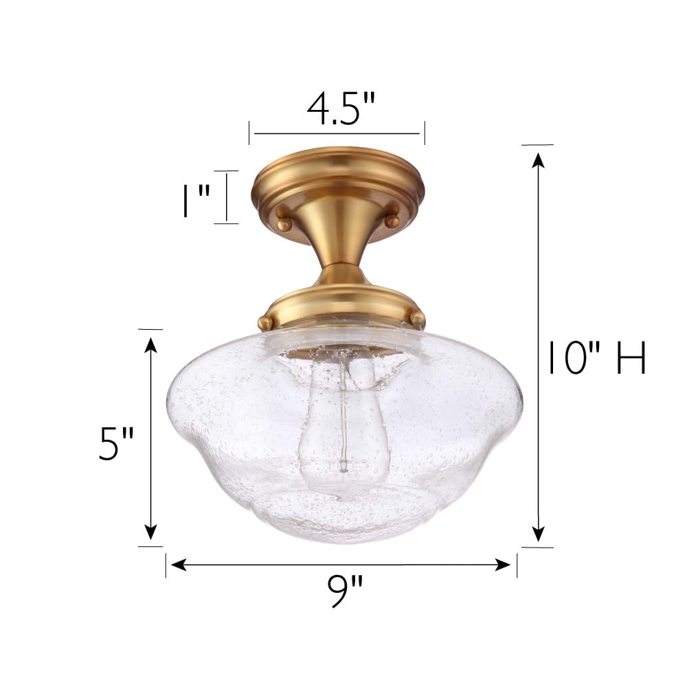 Design House Vintage-Inspired Schoolhouse Semi-Flush Mount Ceiling Light, 9 In X 9 In X 10 In, Satin Gold, Clear Seeded Glass Sh