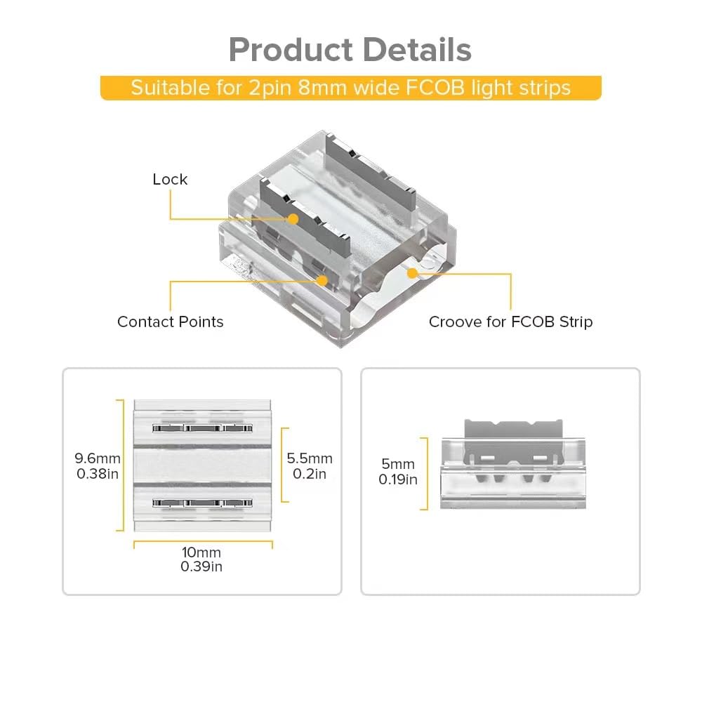 Btf-Lighting Fcob Cob 50Pcs 8Mm 0.31In Transparent Connector Support Fcob 8Mm Width 2 Pin V+ V- Single Color Led Strip Corner Connection(Without Wires)