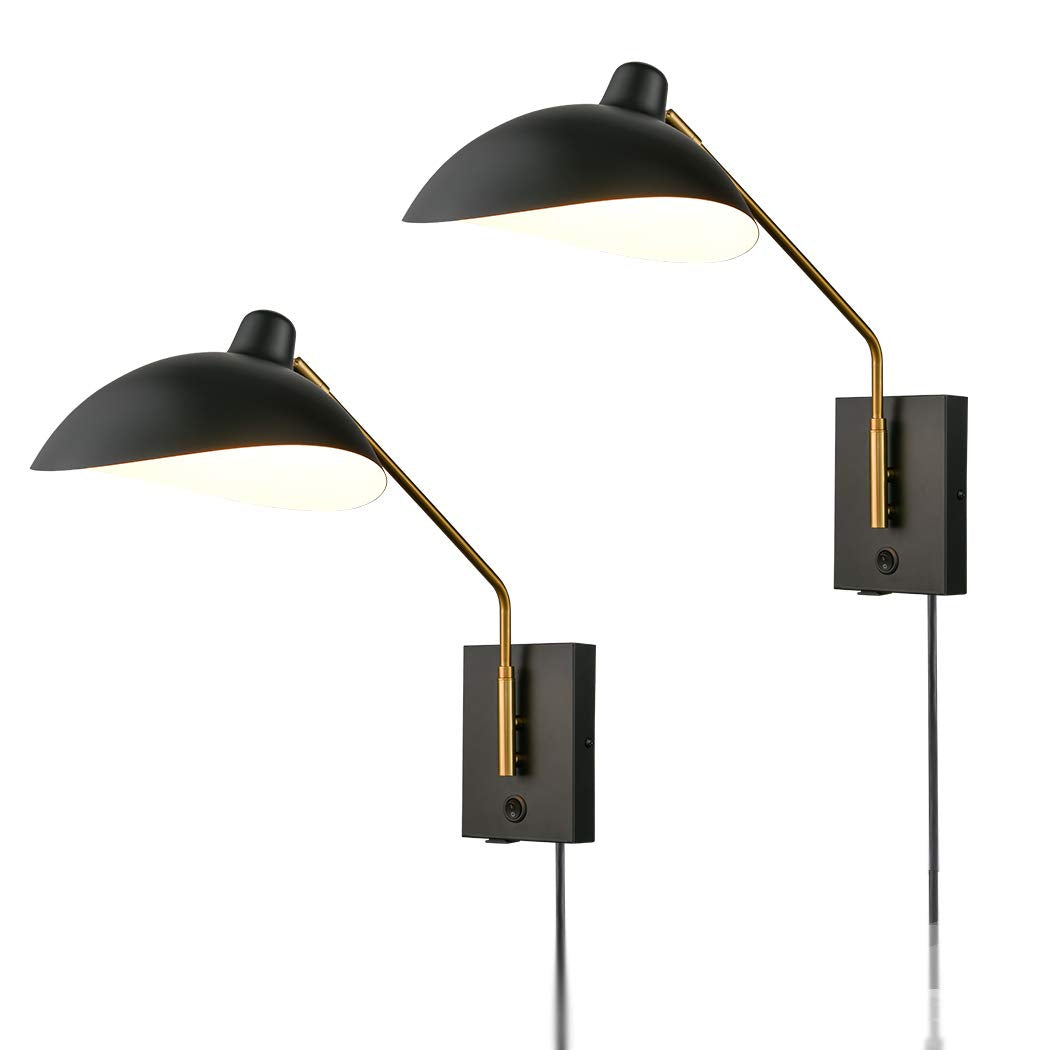 CLAXY Plug in Wall Sconce Swing Arm Wall Sconce Light Matte Black with USB Charge Port-Set of 2, Plug in or Hardwired Wall Mount