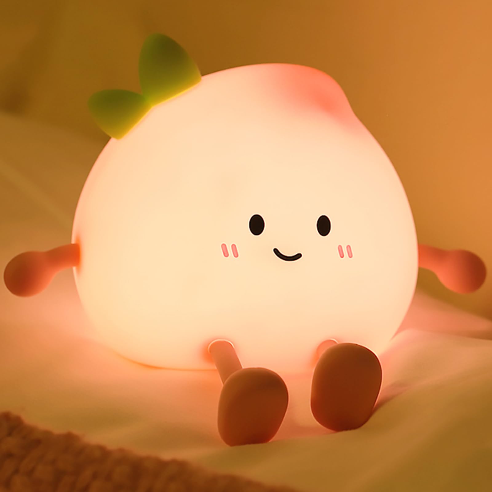 Night Light for Kids, Cute Peach Soft Silicone Nursery Light with 7 Colors & 3 Levels Adjustable Warm Light, Rechargeable Touch 