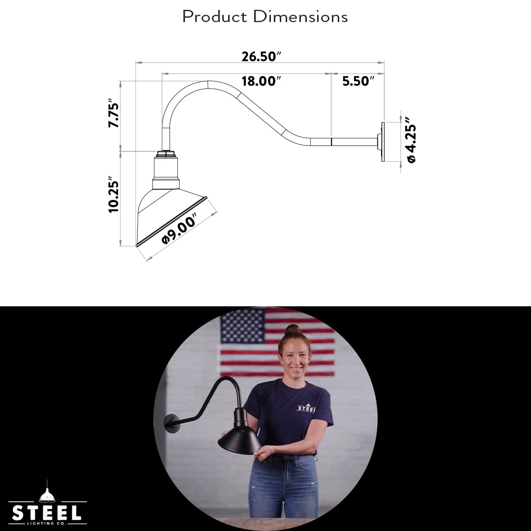 Steel Lighting Co. Venice Outdoor Sign Light - 9&quot; Dome, 23&quot; Gooseneck, Black/White, Made In