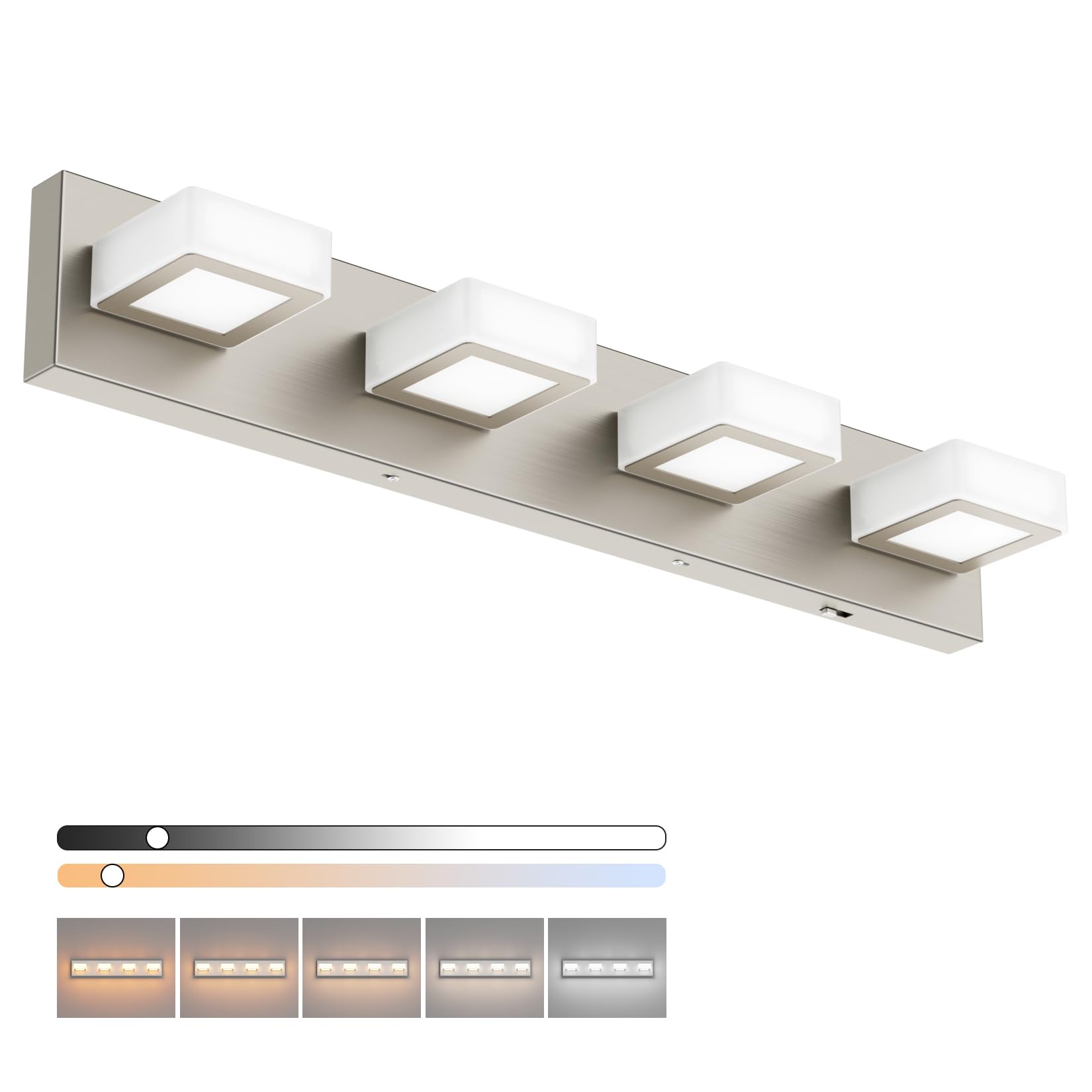 Ralbay 5 Color Temperature Brushed Nickel Vanity Lights for Bathroom 4 Lights Dimmable Acrylic Modern LED Brushed Nickel Bathroom Lighting Fixtures