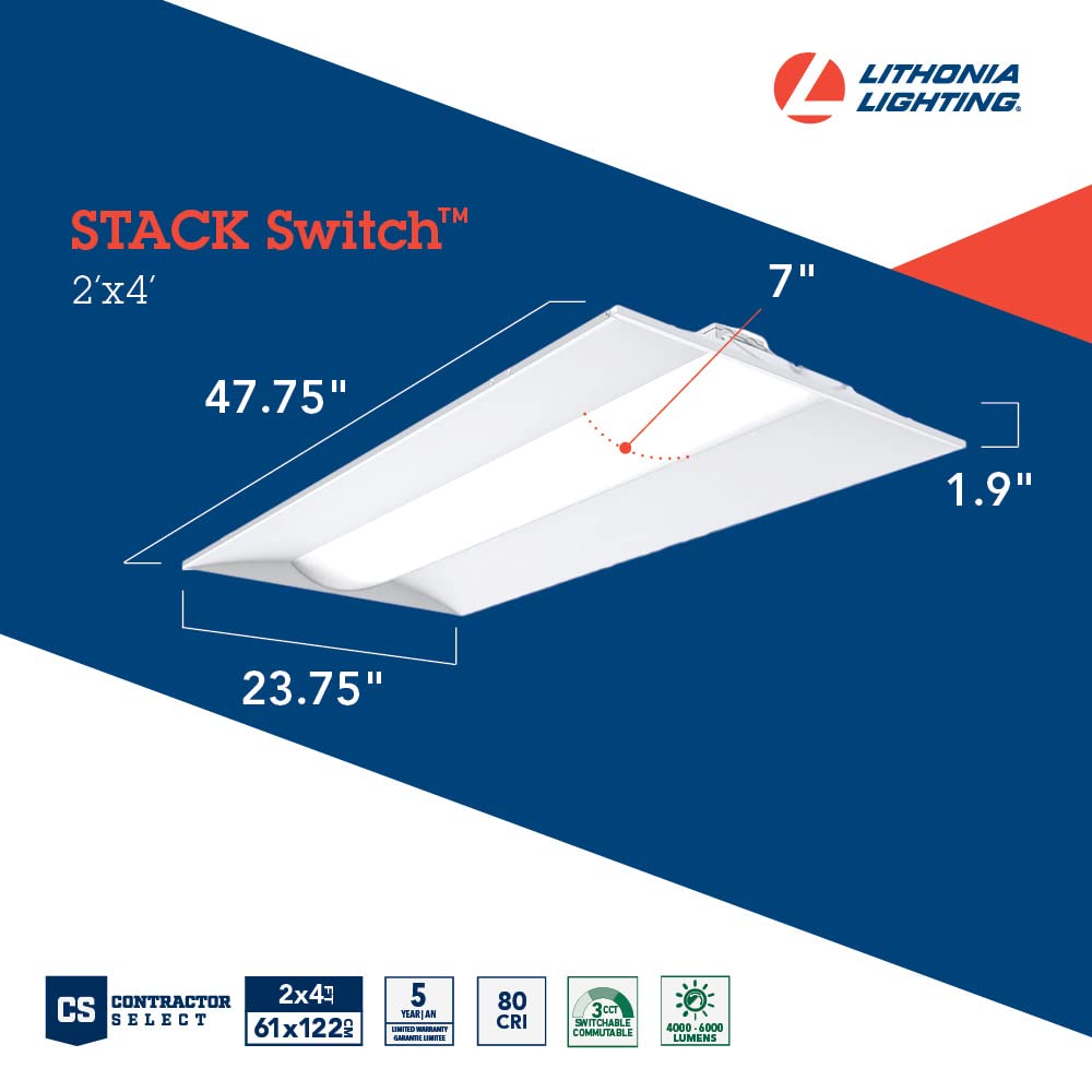 Lithonia Lighting Staks 2X4 Alo6 Sww7 2 Ft. X 4 Ft. Stack Switch Led Lay-In Ceiling Light Fixture For Commercial Use, 3500K-5000