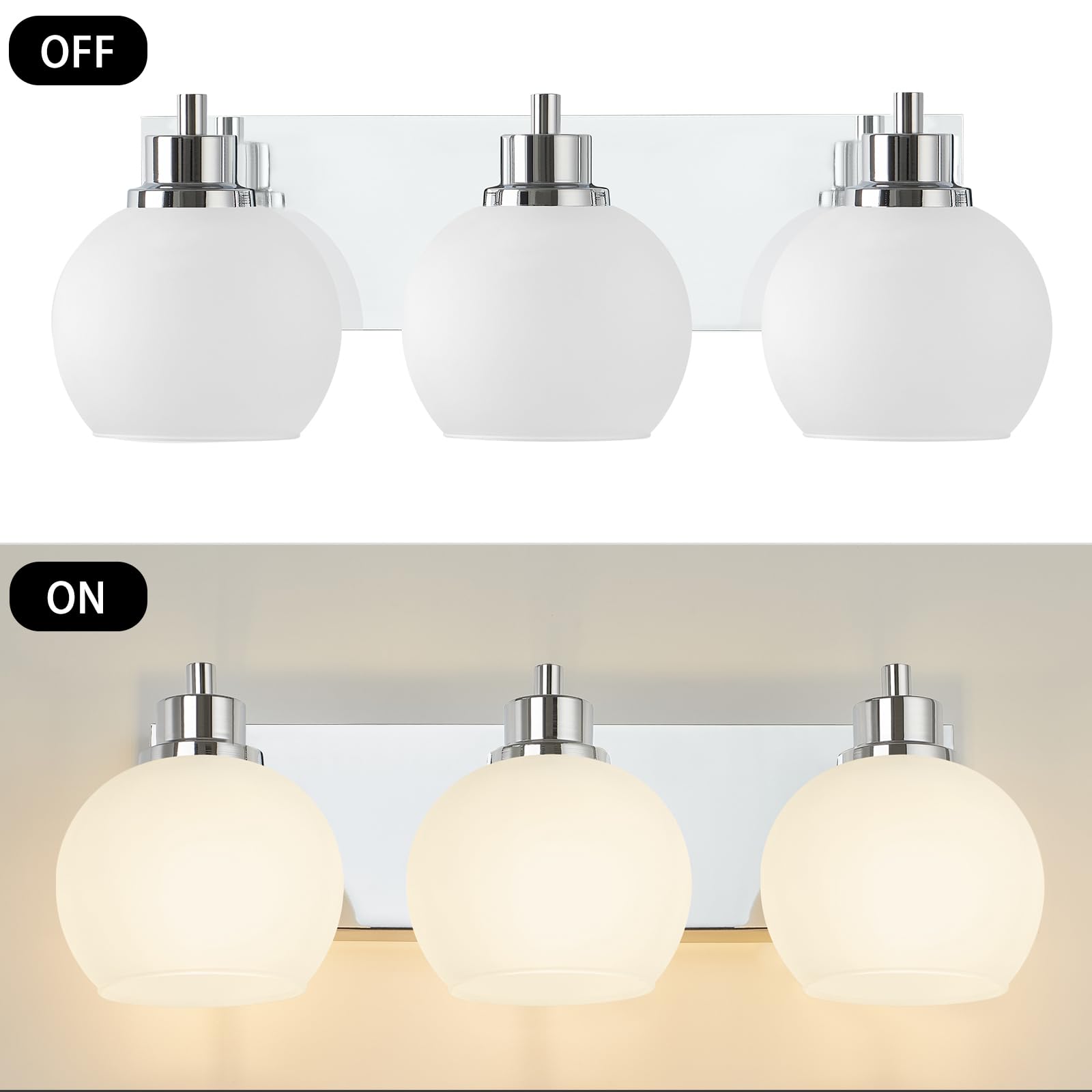 Tuscarora Bathroom Light Fixtures, Chrome Vanity Light 3 Light Bathroom Vanity Light With Milk Glass Shade,Bathroom Light Over Mirror,Bathroom Lighting Fixtures For Mirror