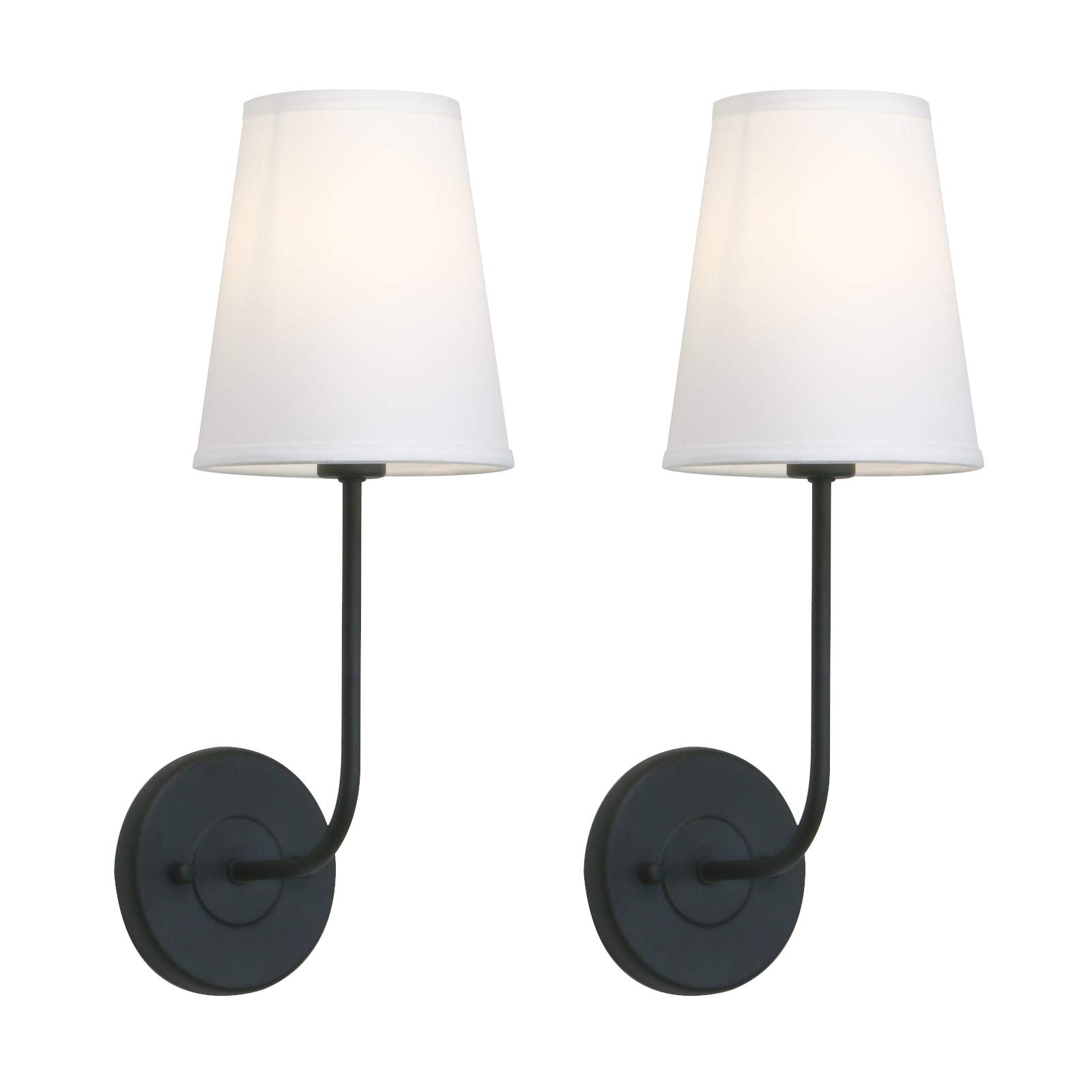 Pathson Industrial Wall Sconces Lighting Set of 2, Vintage Design, Metal, White Fabric Shade, Black Finish, Model XLYT803H2