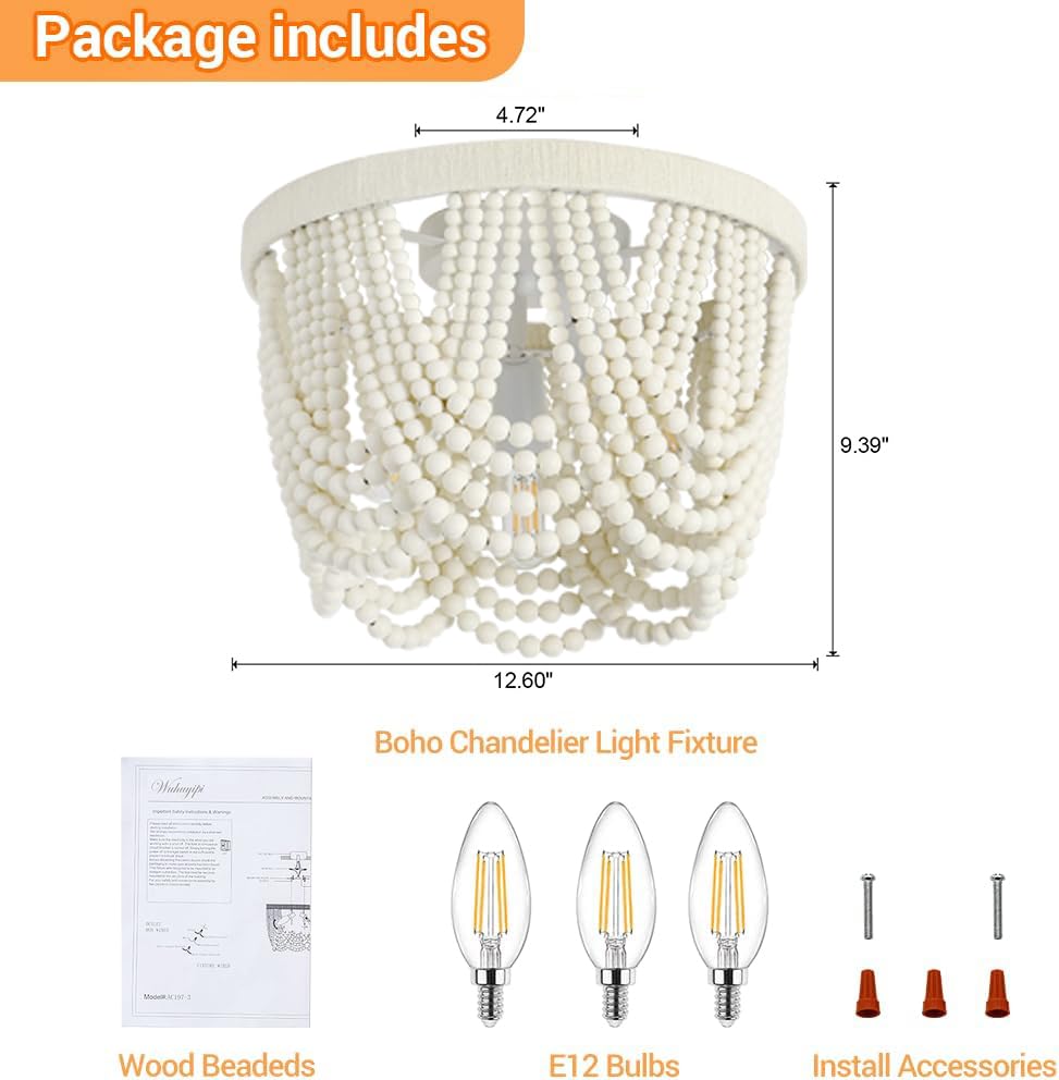 Wuhuyipi 2 Pack Boho Wood Beaded Chandelier,Led Flush Mount Ceiling Light,Farmhouse Rustic White Hemp Rope Chandeliers Fixture F