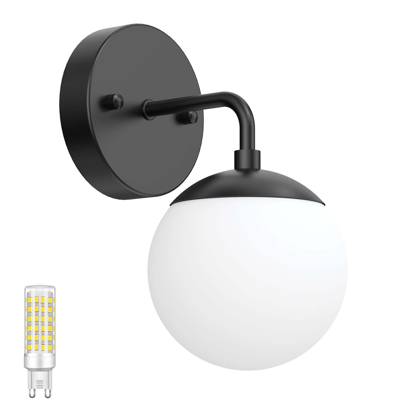 Tipace Black Wall Sconce, Modern Globe 1 Light, 6000K G9 Bulb Included, well-made Metal, Model 020