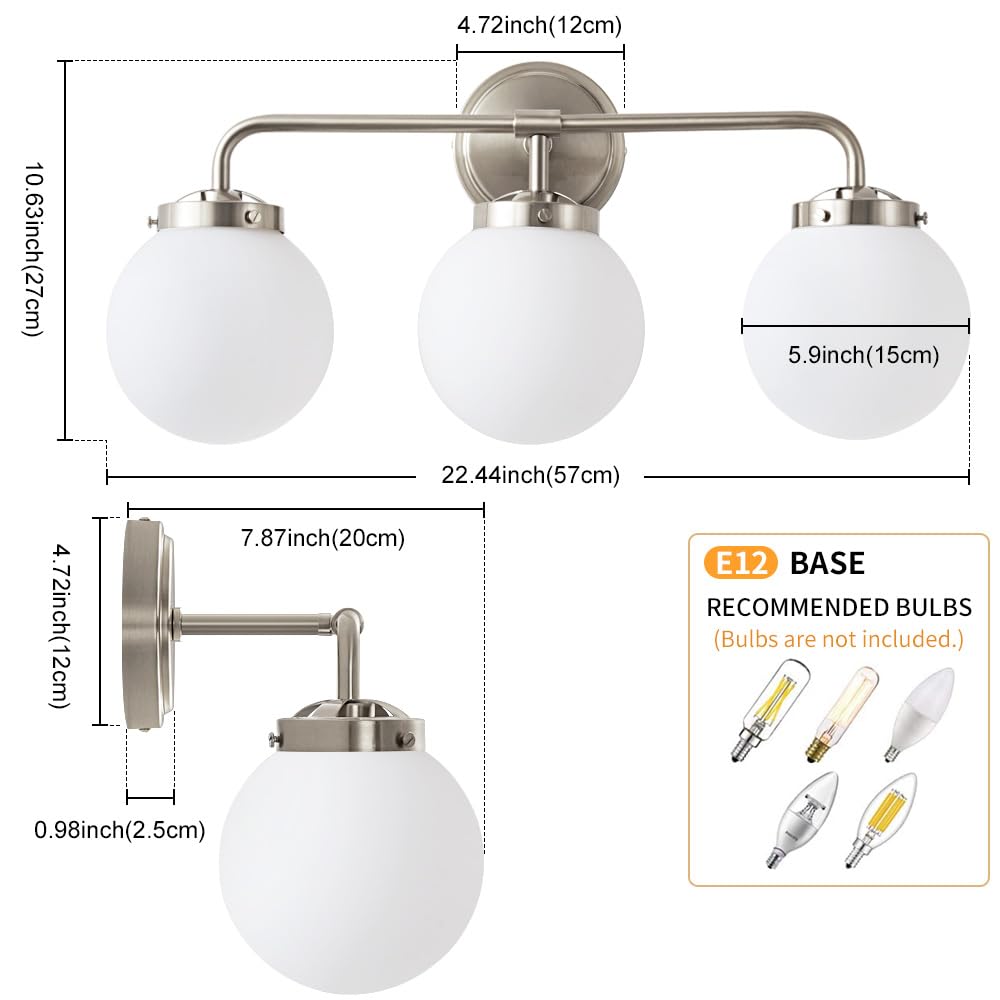 Deyidn Bathroom Light Fixtures Over Mirror, Brushed Nickel Modern Vanity Lights With Milk White Glass Globe Shades 3-Light Farmh