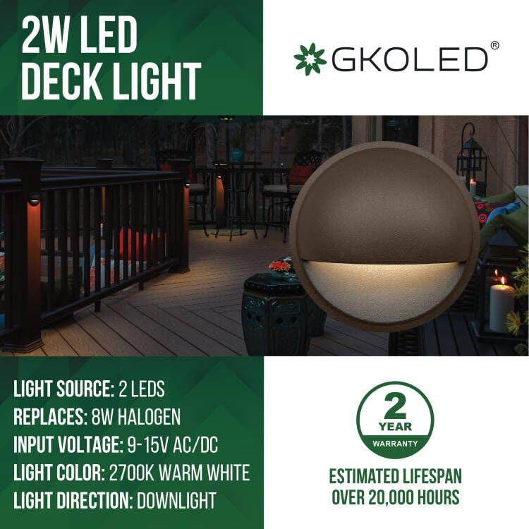 Gkoled 12V Low Voltage Led Deck Lights, 2W 2700K, Dark Brown Aluminum, 6-Pack