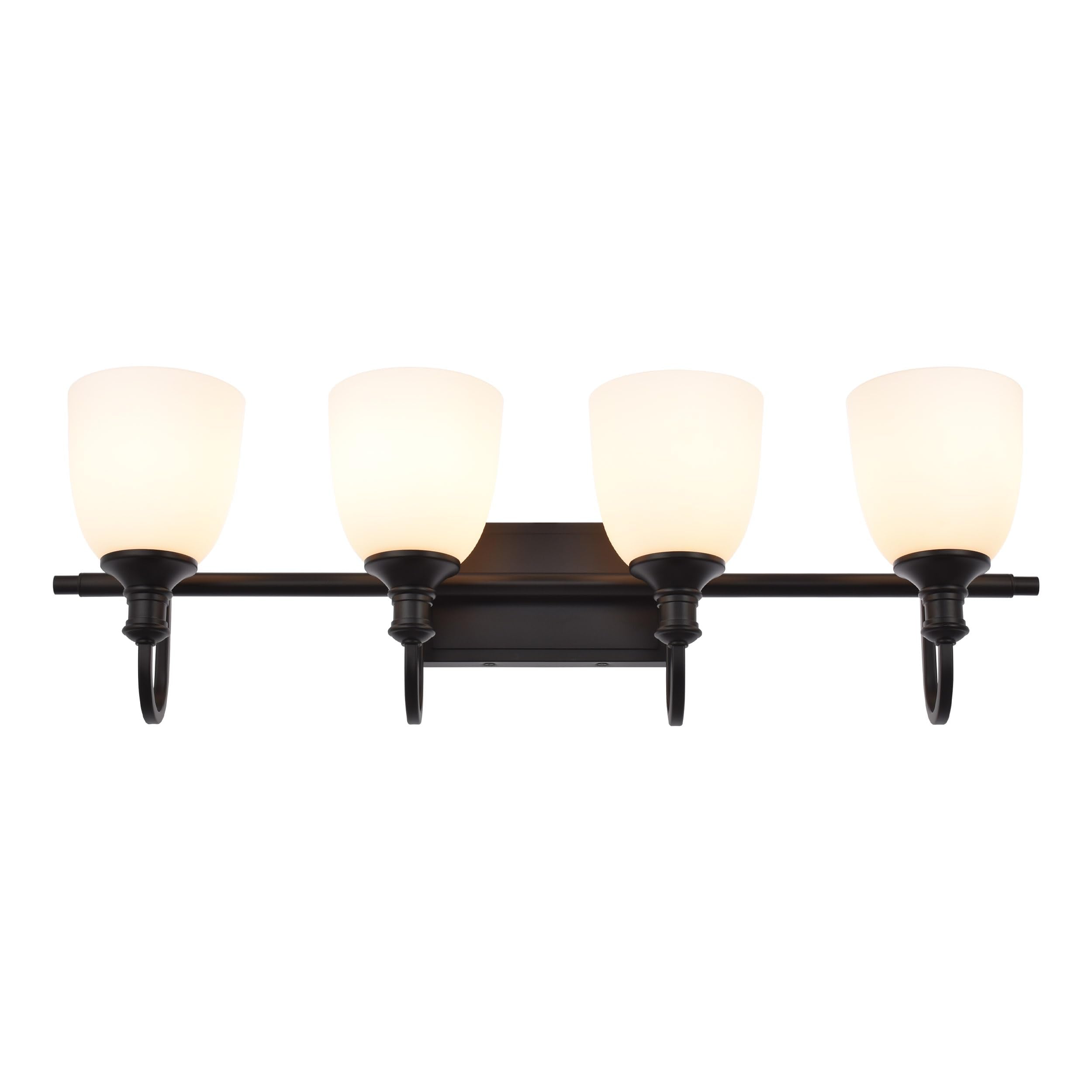 Hanaloa 4-Light Bathroom Vanity Light Fixtures, Vintage Matte Black, Alloy Steel, Milk Glass Shade, Model VA0049-4-MB