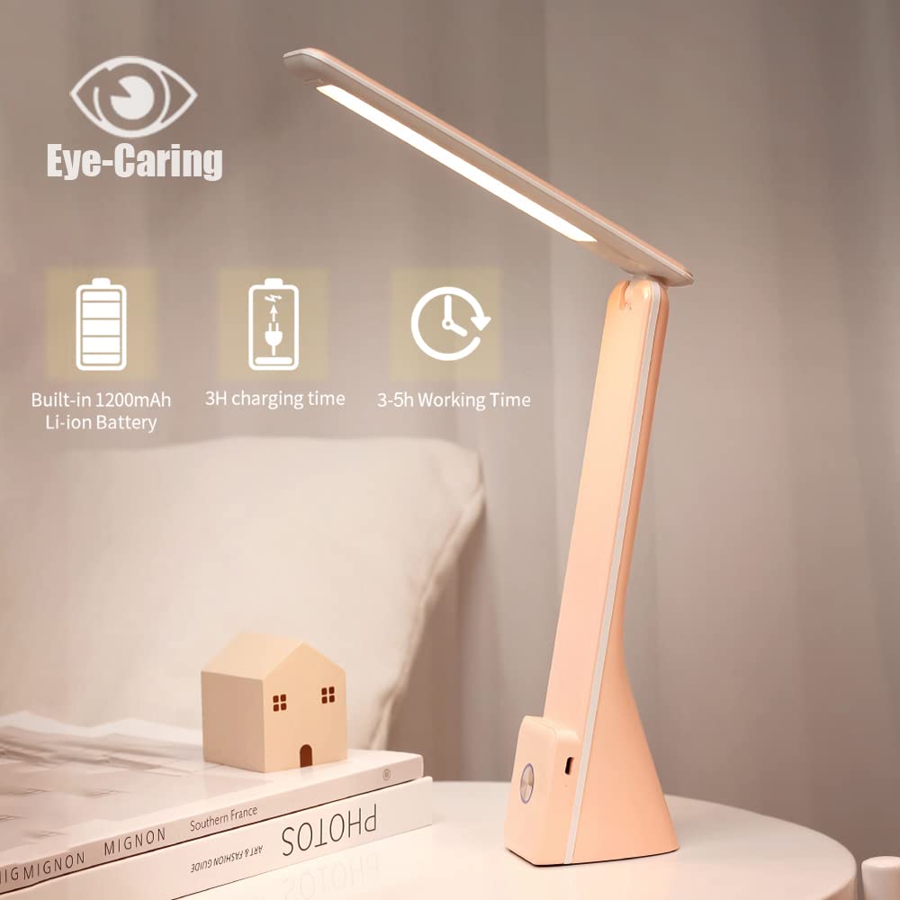 Cometmars Led Desk Lamp (Pink), Cordless Lamp With 3 Lighting Modes, Rechargeable Reading Lamp With Adjustable Arm, Foldable Eye