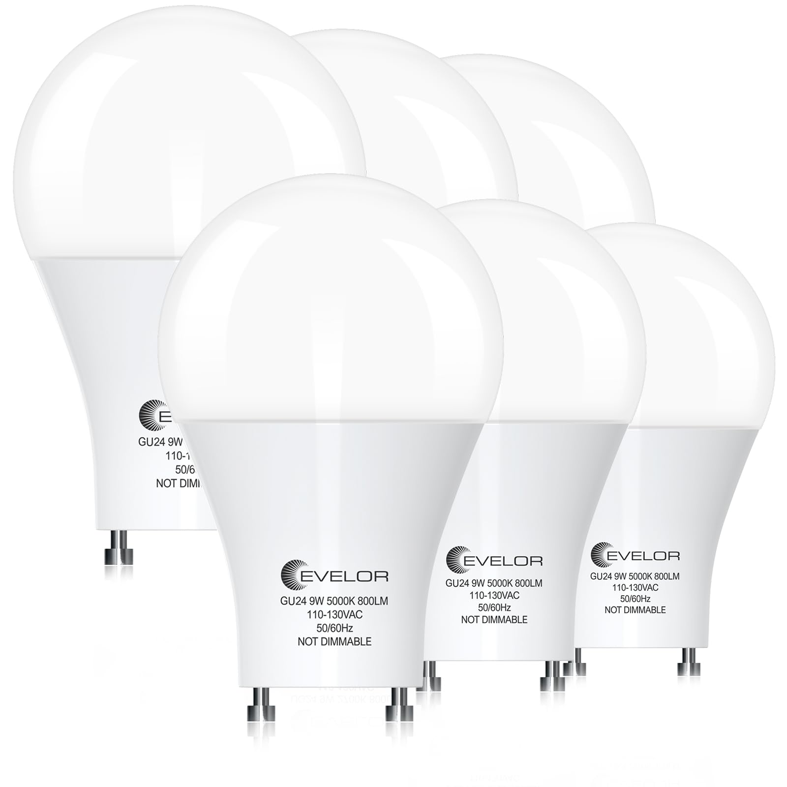evelor GU24 LED Light Bulb 60W Equivalent 9W 800 Lumens Non-Dimmable 6-Pack Daylight 5000K
