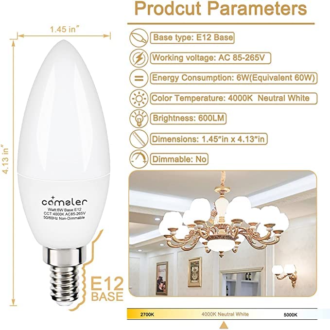 comzler E12 LED Bulb 4000K Natural Daylight 60W Equivalent Pack of 8