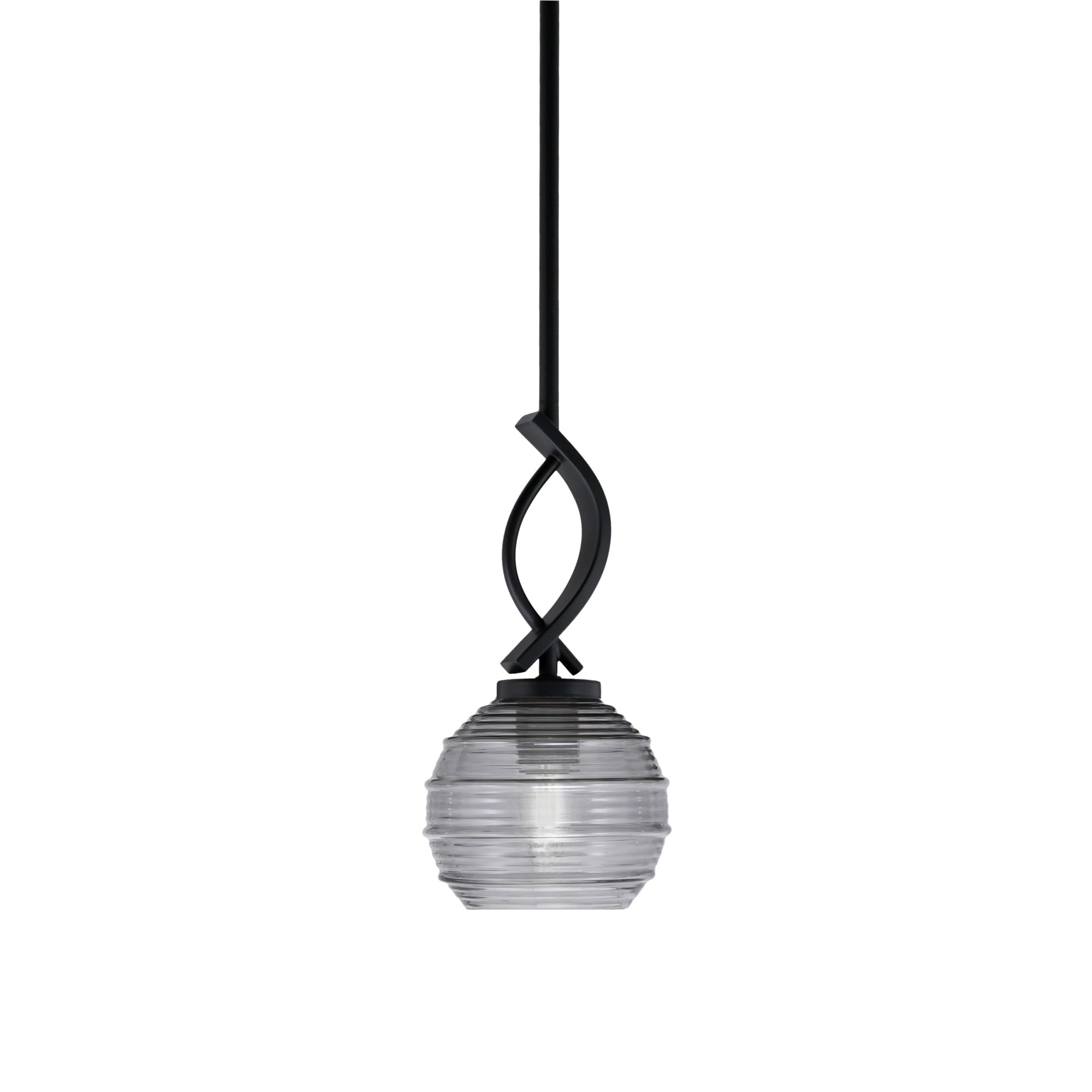 Cavella 1 Light Stem Mini Pendant Shown In Matte Black Finish With 6" Smoke Ribbed Glass